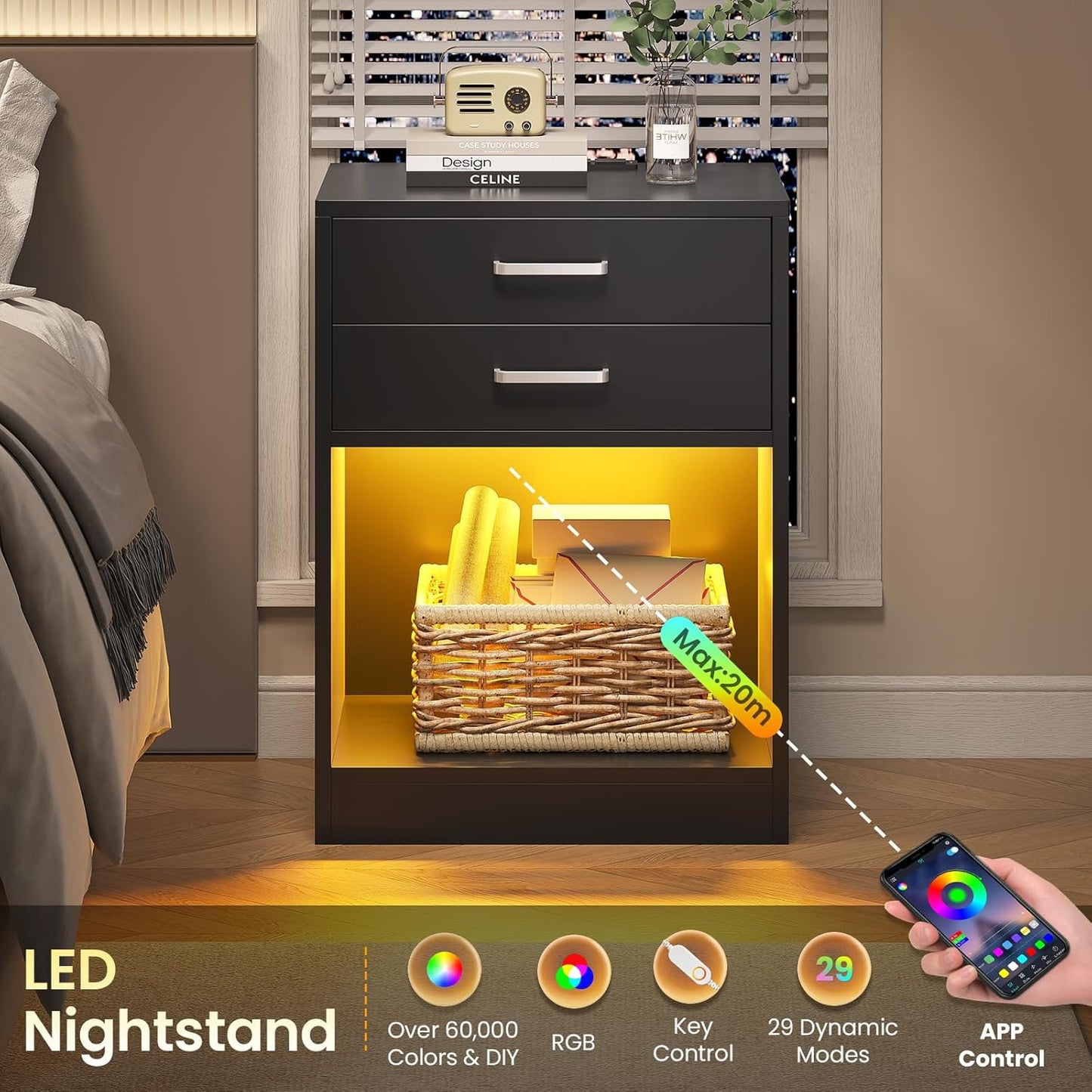 LED Nightstands Set of 2,Night Stands for Bedrooms Set of 2,Nightstand with Charging Station and LED Lights,Black Bedside Table with Power Outlets & Drawers,Modern End Side Table