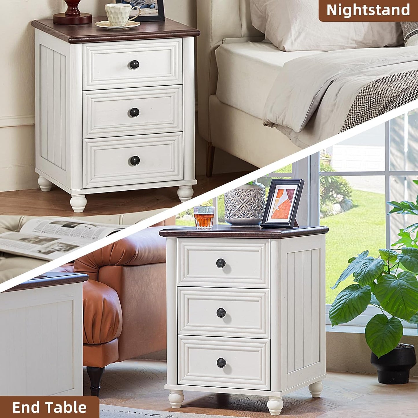 18" Farmhouse Night Stand, White Wood Nightstand with 3 Drawers, Bedside End Table with Storage and Roman Column, Bed Side Tables Cabinet for Bedroom, Living Room, and Closet