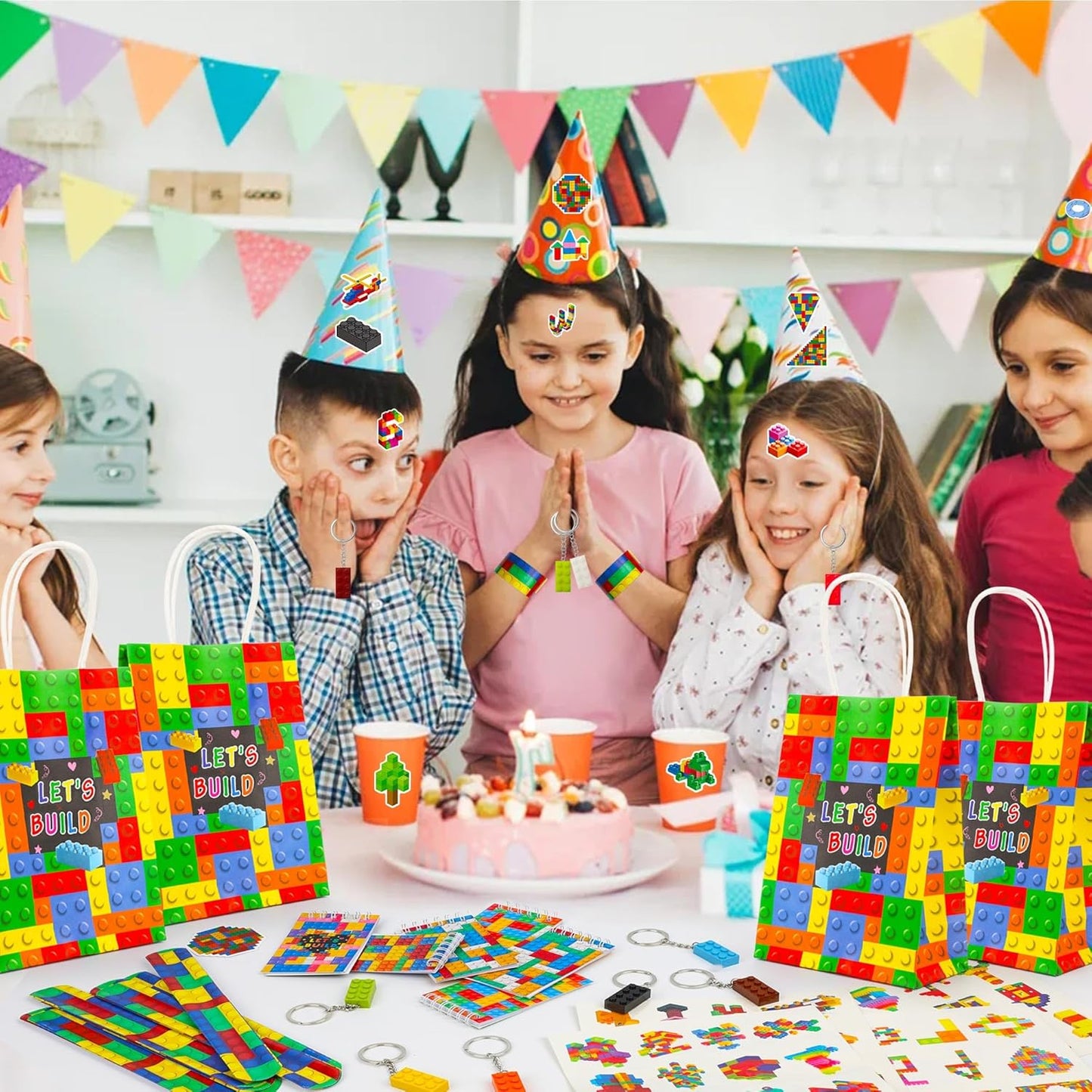 146 Pack Building Blocks Party Favor, Building Blocks Party Supplies Tote Bag Notebook Bracelet Keychain Stamps Stickers for Birthday Party Decoration Gifts Class Reward