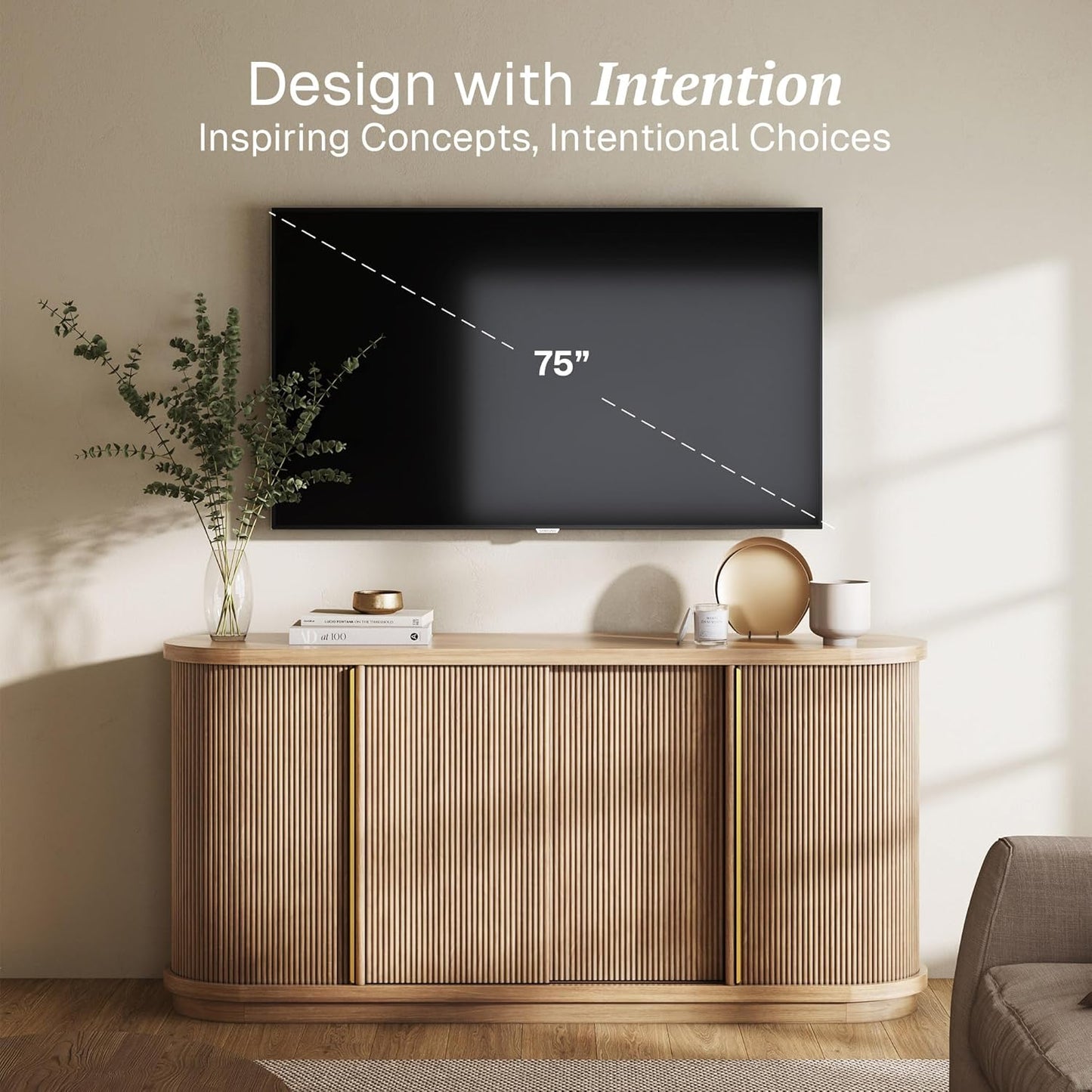 Turin 67" Modern Curved Sideboard with Sliding Tambour Doors - Fluted Wood Buffet Cabinet & Credenza - Oval Media Console with Gold Accents for Dining Room, Living Room, or Entryway (Camel)