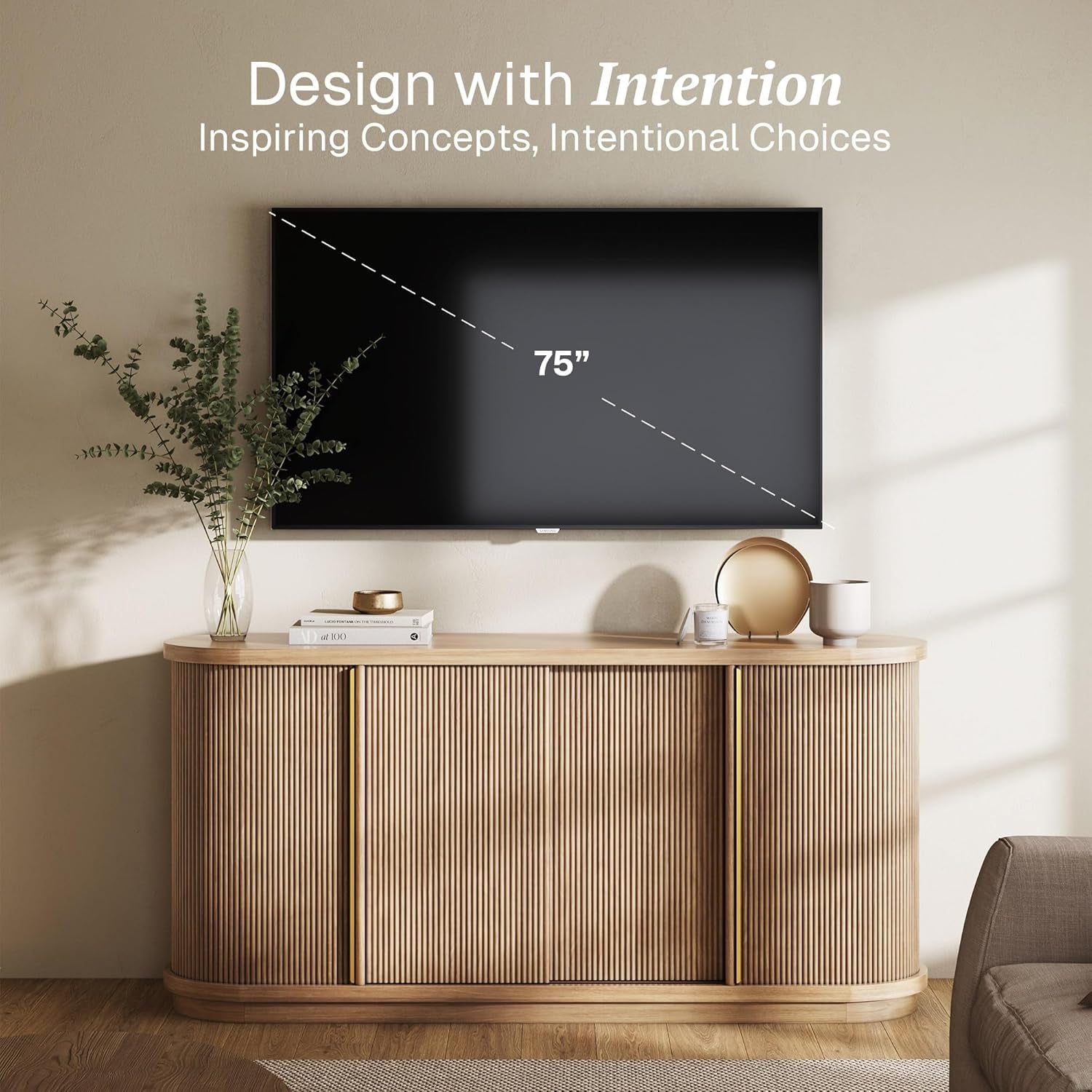 Turin 67" Modern Curved Sideboard with Sliding Tambour Doors - Fluted Wood Buffet Cabinet & Credenza - Oval Media Console with Gold Accents for Dining Room, Living Room, or Entryway (Camel)