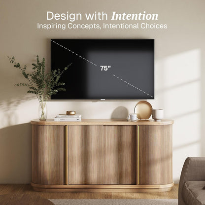 Turin 67" Modern Curved Sideboard with Sliding Tambour Doors - Fluted Wood Buffet Cabinet & Credenza - Oval Media Console with Gold Accents for Dining Room, Living Room, or Entryway (Camel)