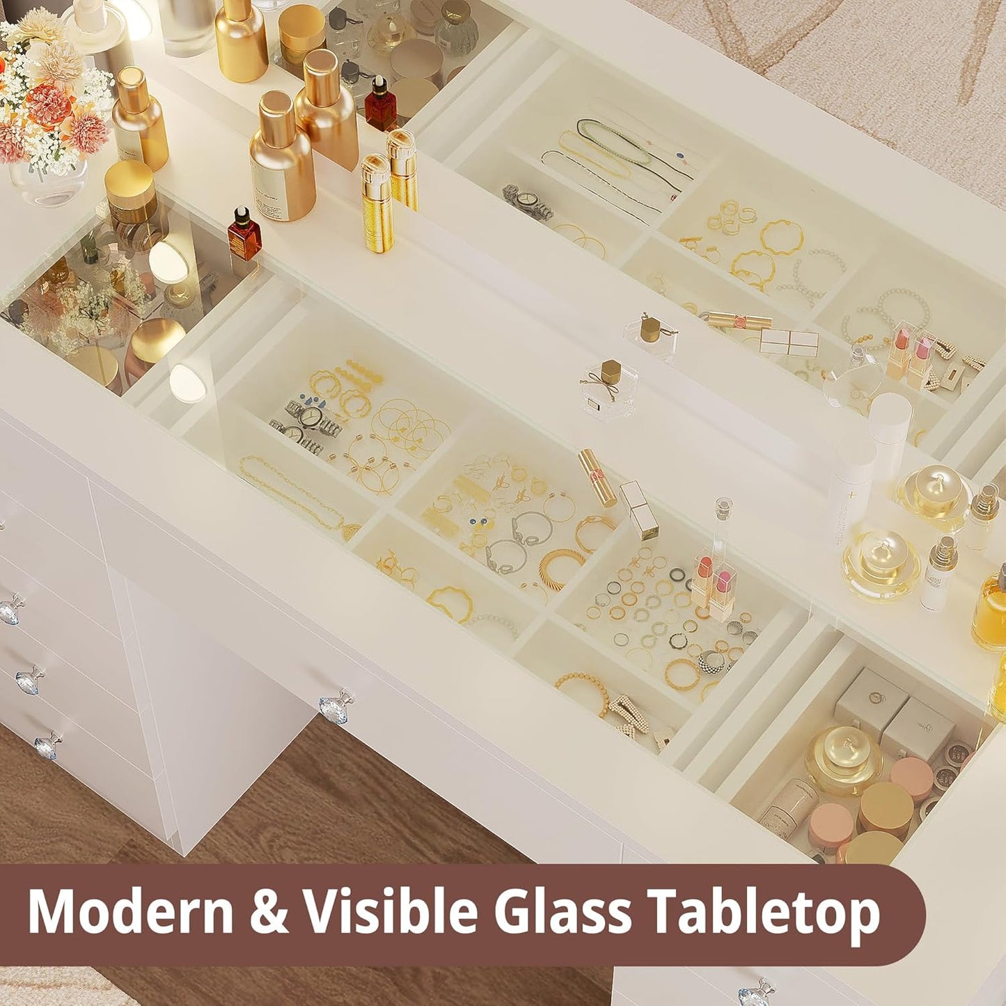 46'' Makeup Vanity Set with LED Mirror & Power Outlet - 11 Drawers, Glass Top, Dressing Table with Storage Bench for Bedroom, 3 Lighting Color Adjustable, White