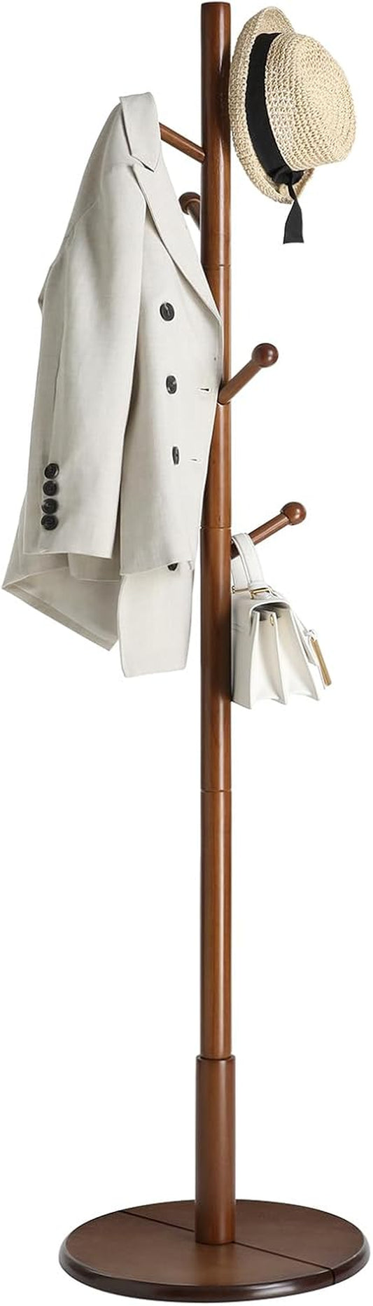 Solid Wood Coat Rack, Free Standing Hall Coat Tree with 7 Hooks, 3 Height Options, for Coats, Hats, Bags, Purses, for Entryway, Hallway, Rubberwood Hooks and Pole, Dark Walnut URCR07WN