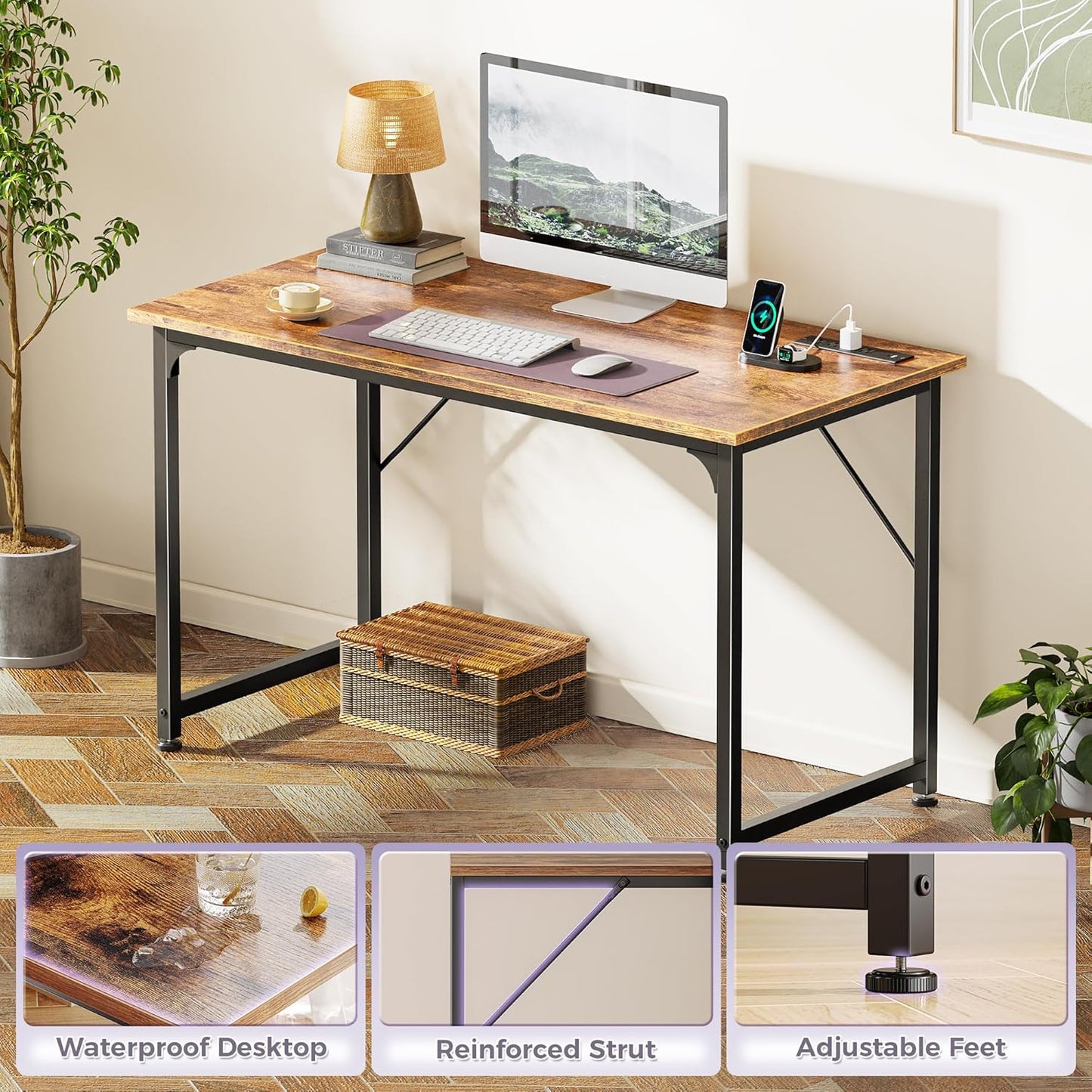 40 X 20 Inch Computer Desk with Power Outlets and USB-C Port, Gaming Office Desk with Deeper Desktop, Writing Work Desk for Home Office, Study, Bedroom, Metal Frame, Rustic Brown