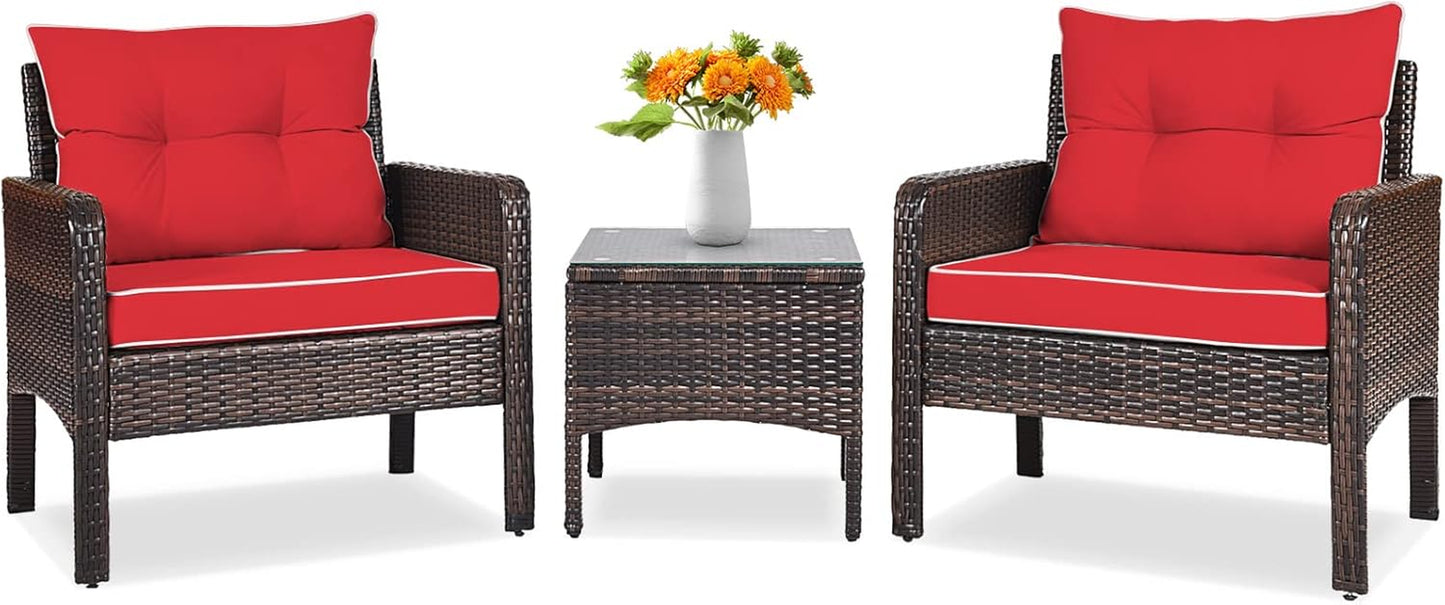 3 Piece Outdoor Patio Furniture Set, Wicker Chairs Set with Glass Top Coffee Table, Thick Cushions, All Weather Garden Lawn Poolside Backyard Porch Furniture Set for 2 (Red)