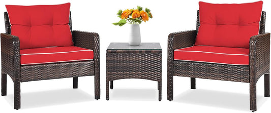 3 Piece Outdoor Patio Furniture Set, Wicker Chairs Set with Glass Top Coffee Table, Thick Cushions, All Weather Garden Lawn Poolside Backyard Porch Furniture Set for 2 (Red)