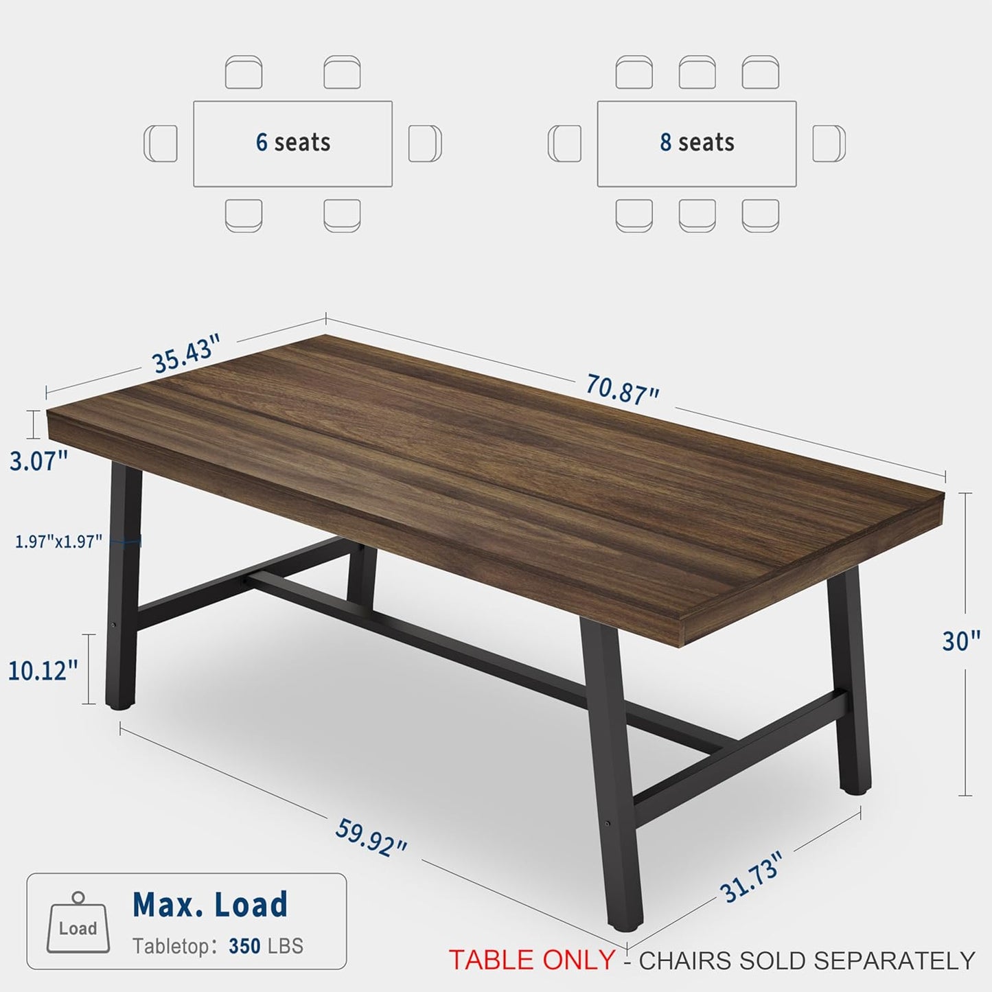 Industrial Dining Table for 6-8 People, 70.87" Long Large Kitchen Table with Sturdy Metal Frame, Rectangular Counter for Dinner, Kitchen, Dining Room (Brown, 71" Non-Extendable)
