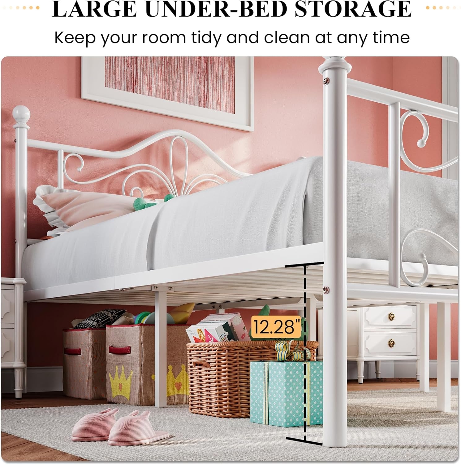 Twin Size Bed Frame for Kids,Metal Bed Frame with Butterfly Pattern Design Headboard & Footboard,No Box Spring Needed,Easy Assembly,White
