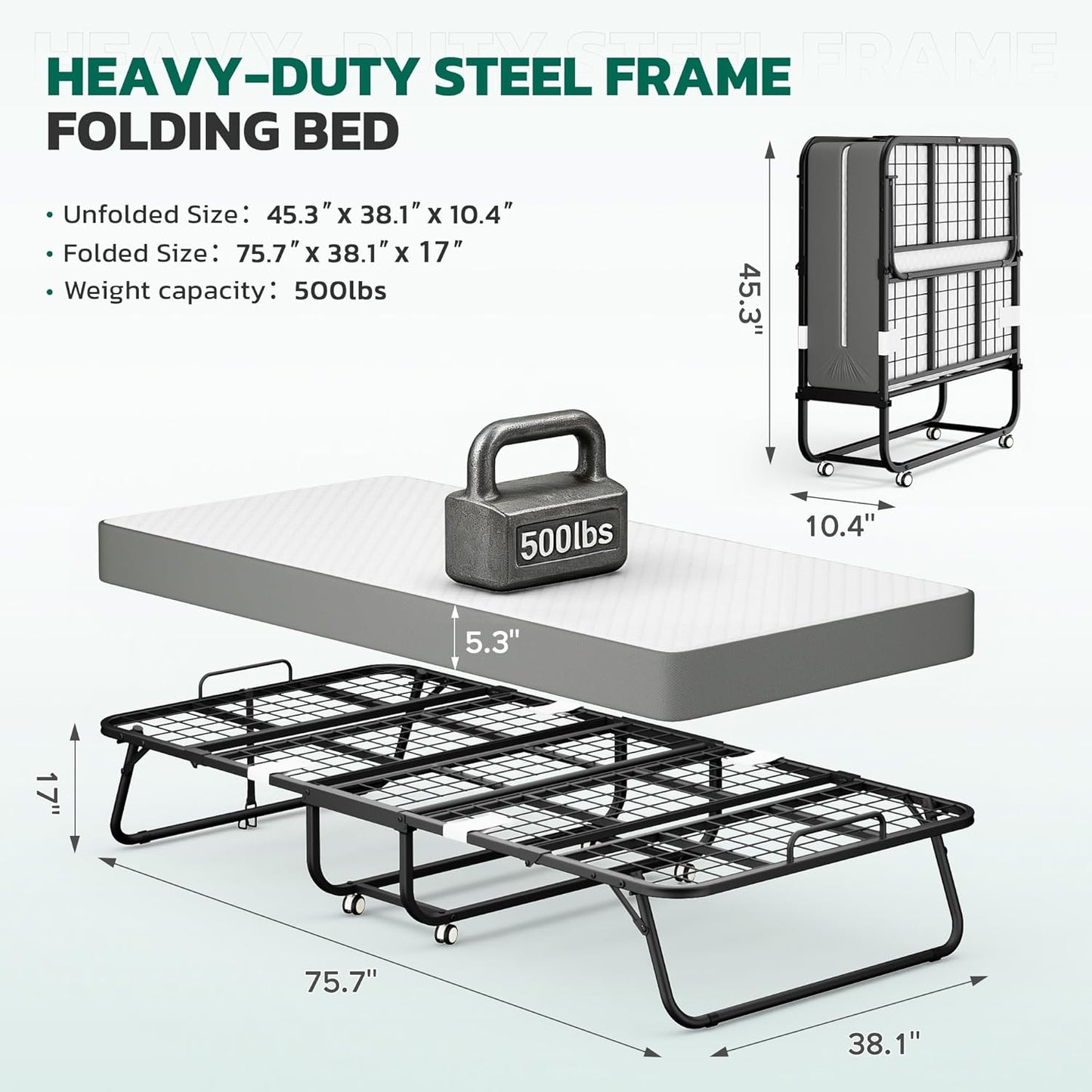 Folding Bed with 5 Inch Mattress, 75” X 38” Portable Rollaway Bed with Memory Mattress and Metal Frame for Adults,Guest, Twin Size,Cot Size