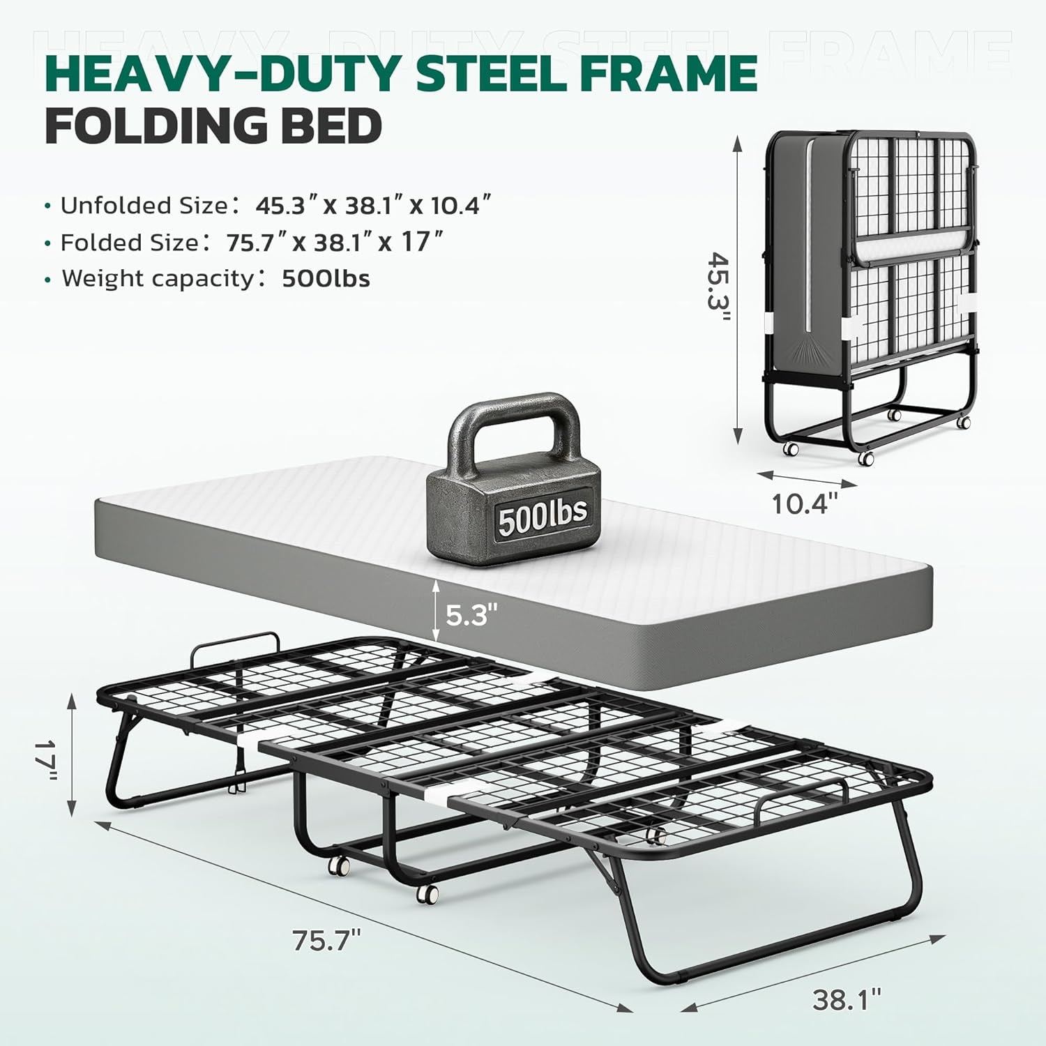 Folding Bed with 5 Inch Mattress, 75” X 38” Portable Rollaway Bed with Memory Mattress and Metal Frame for Adults,Guest, Twin Size,Cot Size