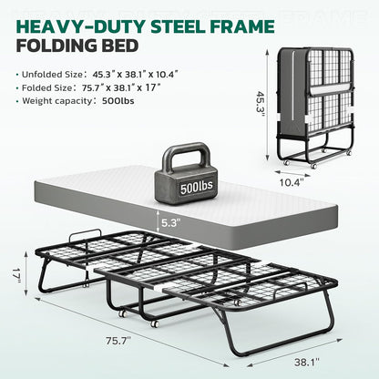 Folding Bed with 5 Inch Mattress, 75” X 38” Portable Rollaway Bed with Memory Mattress and Metal Frame for Adults,Guest, Twin Size,Cot Size
