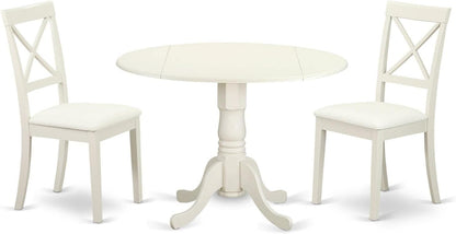 DLBO3-LWH-LC 3 Piece Modern Dining Table Set Contains a round Wooden Table with Dropleaf and 2 Faux Leather Kitchen Dining Chairs, 42X42 Inch, Linen White