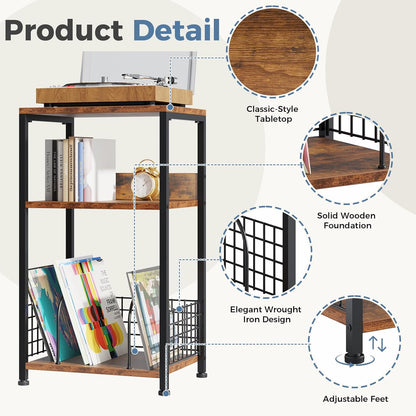 3 Tier Side Table, 2 Pack Record Player Stand with Storage up to 100 Albums,Turntable Stand for Vinyl,Brown Records Shelf for Living Room Bedroom
