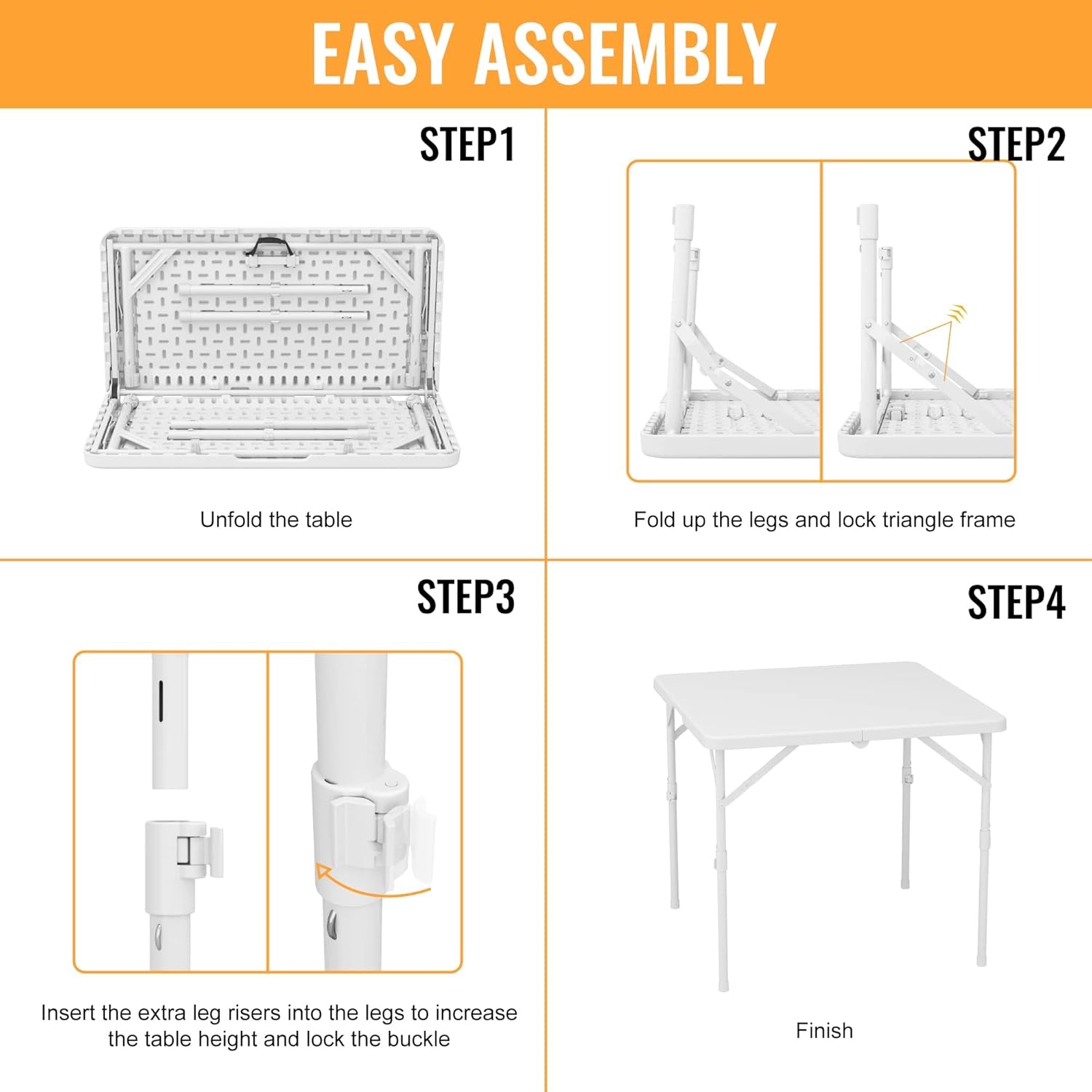 34'' Square Folding Card Table, Fold-In-Half Portable Plastic Dining Table with Carry Handle & 2 Heights for Picnic Party Commercial Events, White