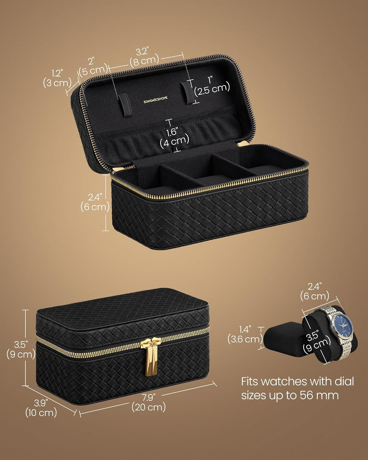 HOME RONNE Collection - 3 Watch Travel Cases, Pack of 2, 3-Slot Watch Boxes, Woven Embossed PU Leather, 3.9 X 7.9 X 3.5 Inches, Gift Idea, Ink Black Surface, Ink Black Lining UJWB017B01-2J
