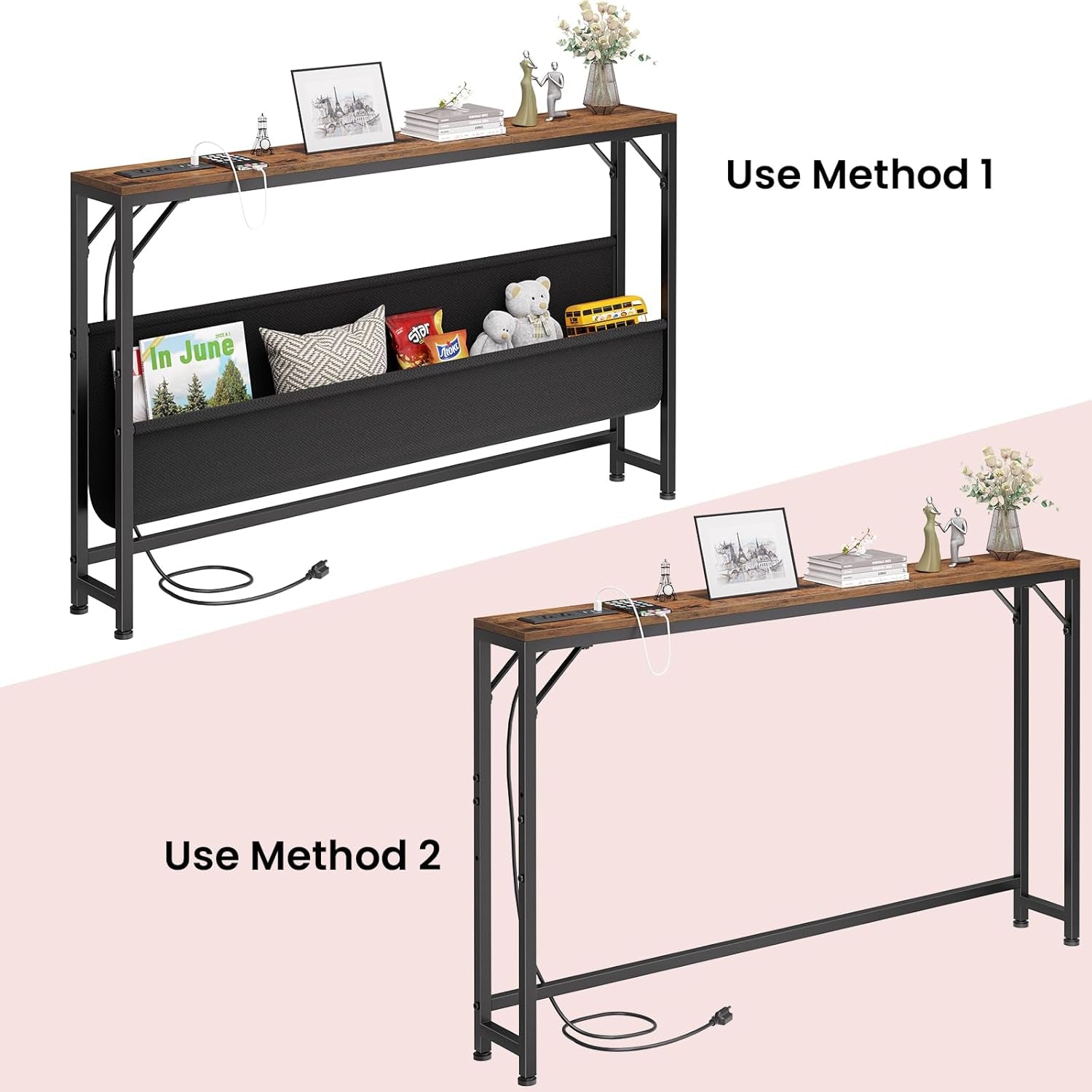 47.2'' Skinny Console Table with Charging Station and Storage, Narrow Sofa Table with Power Outlets and USB Ports, behind Couch Table, for Living Room, Foyer, Entryway, Hallway, Rustic Brown