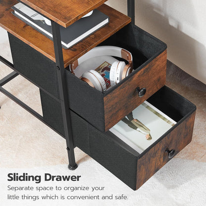 End Table with Charging Station, Narrow Side Table, Nightstand with 2 Non-Woven Drawers, Slim Sofa Side Table, for Small Spaces, Living Room, Bedroom, Rustic Brown and Black BF486UBZ01