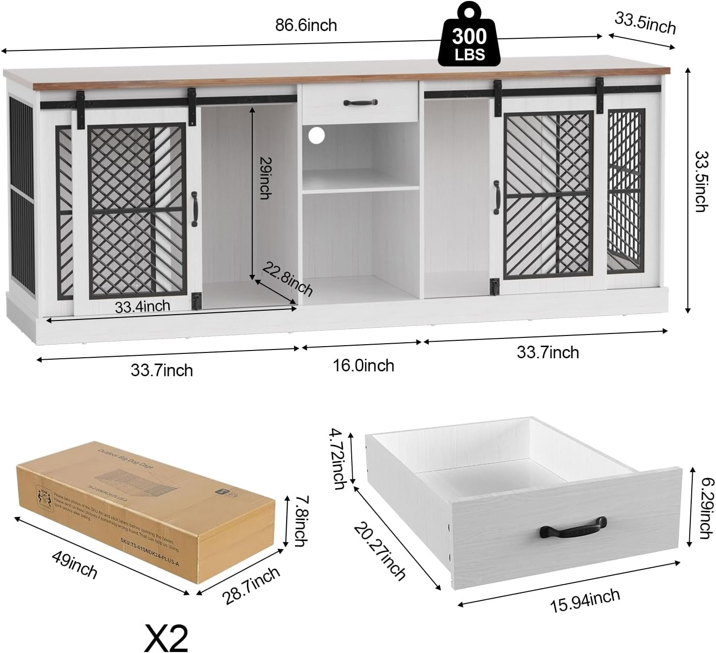 86.6” Large Dog Crate Furniture for 2 Dogs, Decorative Wooden Double Dog Kennel Indoor, Dog Cage TV Stand with Durable Lock & Storage Shelves for Medium Small Pets