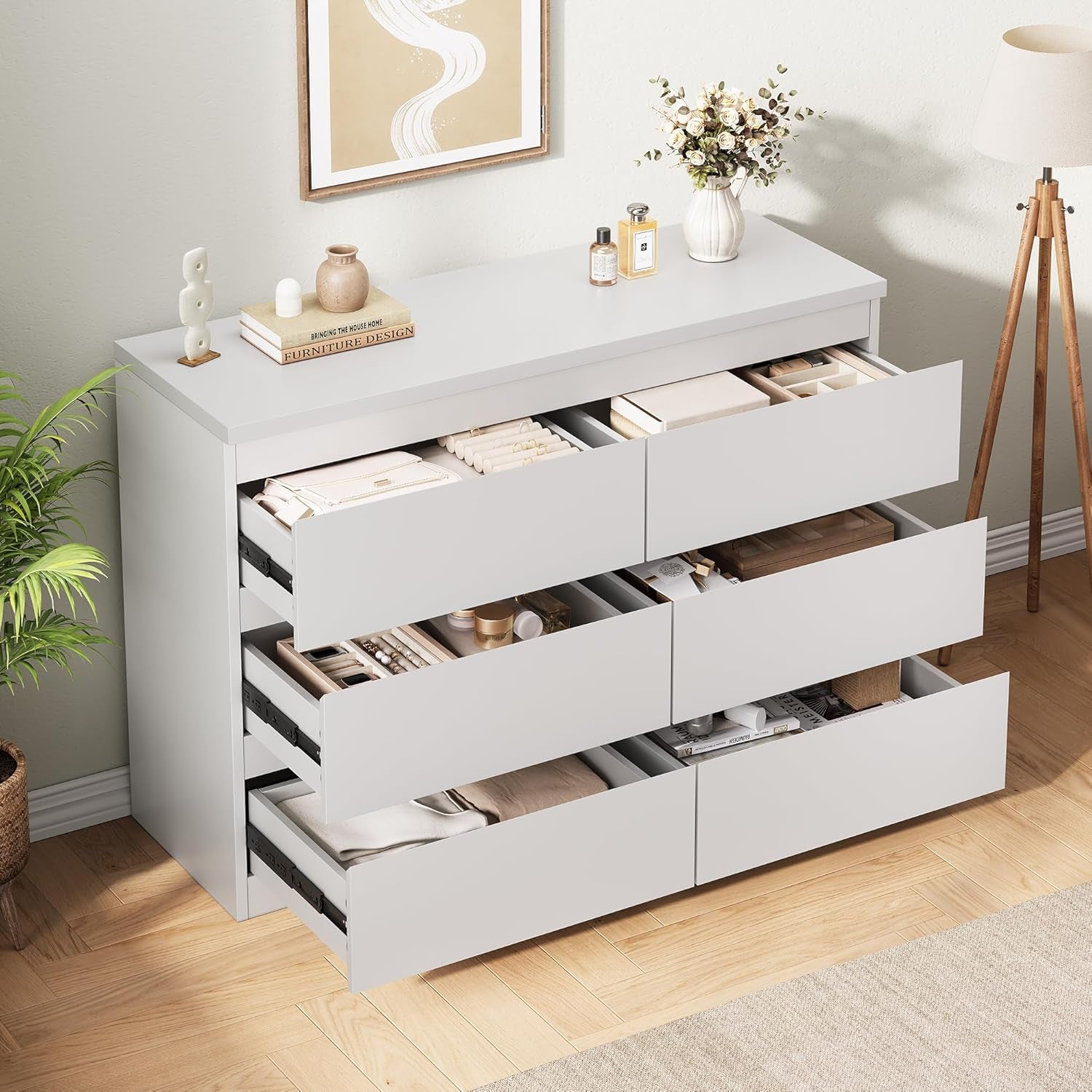 White 6 Drawer Dresser for Bedroom, 15.3" D X 47.2" W X 32.3" H in Simply Modern Chest of Drawers, Wood Storage Double Dresser with Deep Drawers for Living Room, Hallway Entryway, White