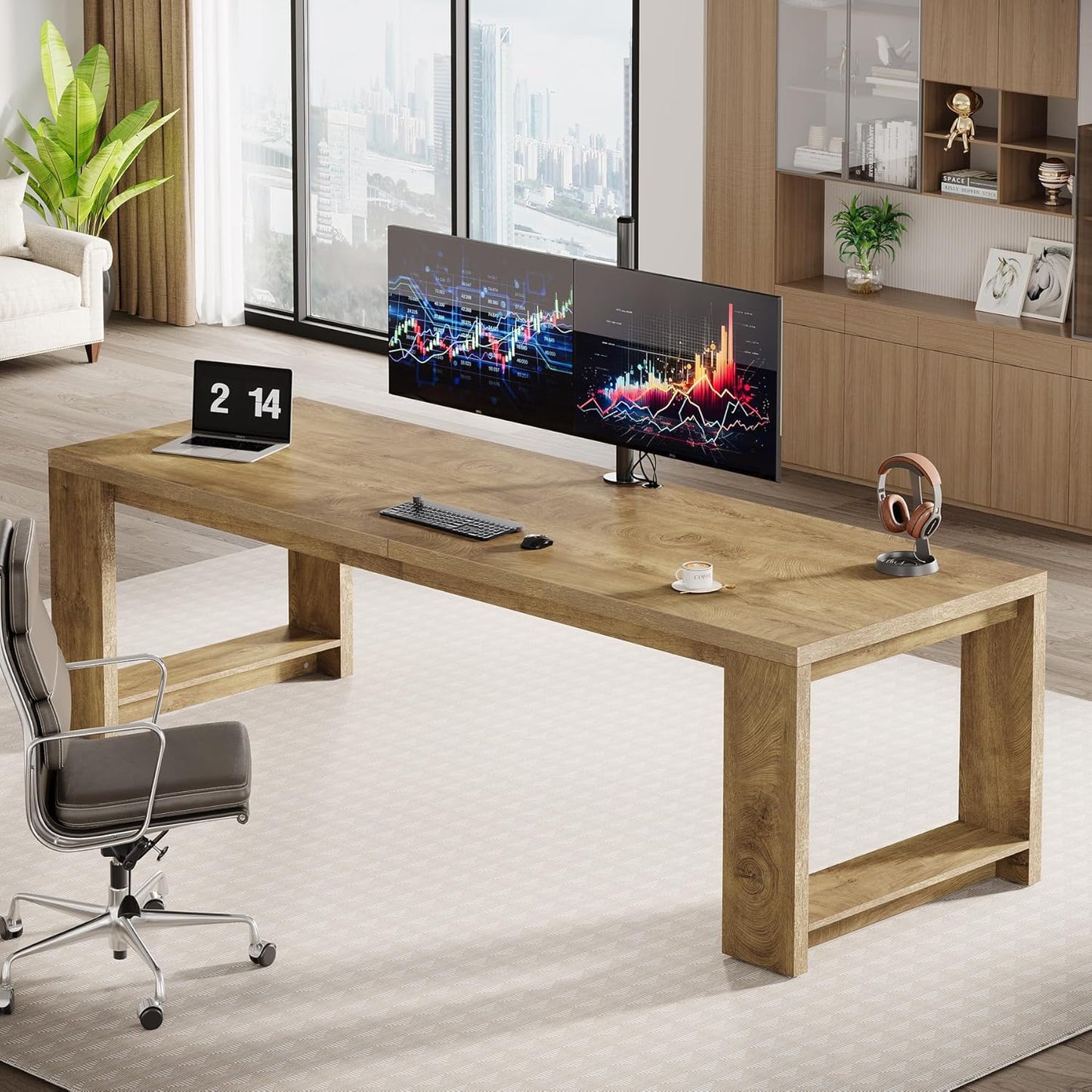 Two Person Desk, 86.6 Inches Extra Long Desk, Double Computer Writing Table, Wood Large Desks Workstation for Home Office, Natural Oak