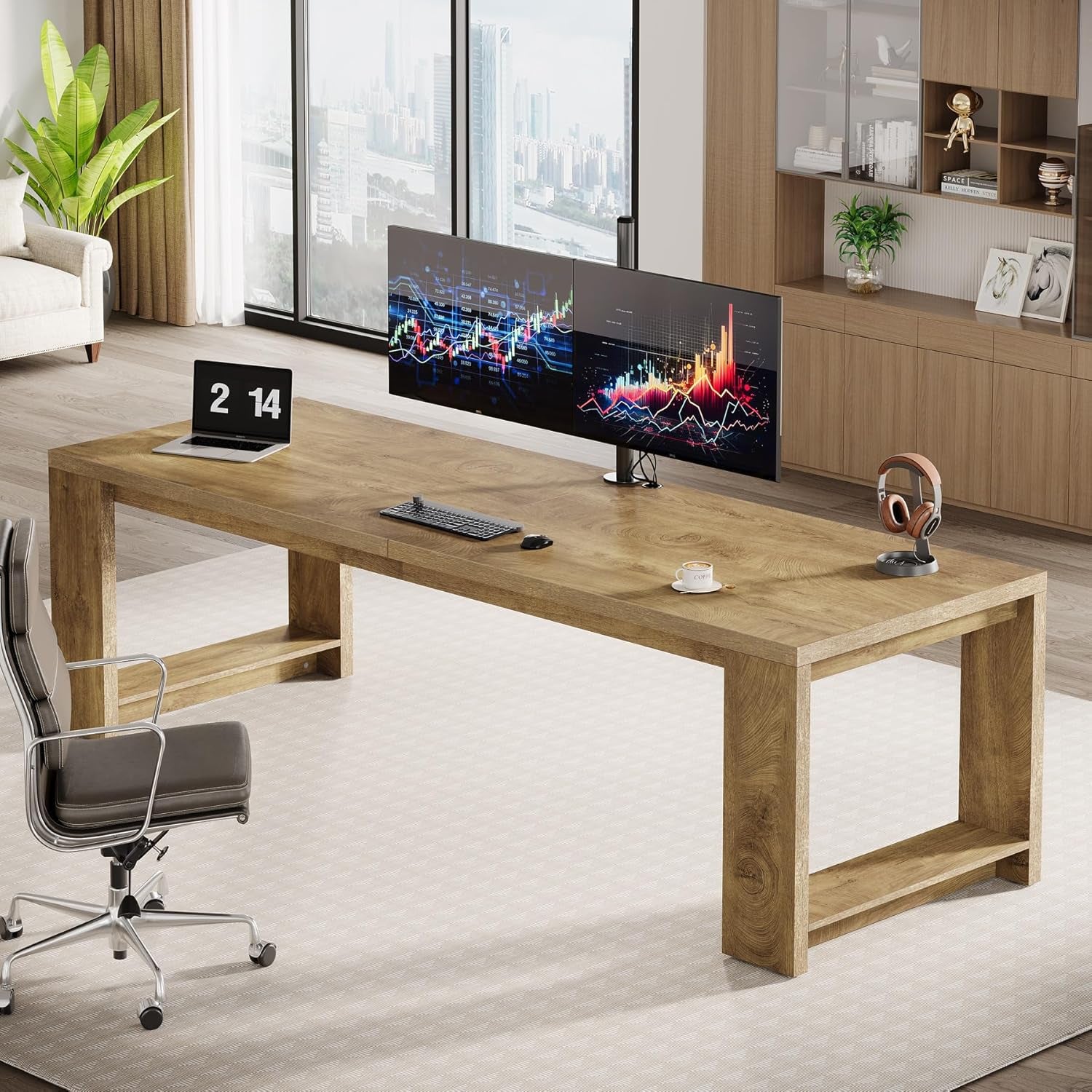 Two Person Desk, 86.6 Inches Extra Long Desk, Double Computer Writing Table, Wood Large Desks Workstation for Home Office, Natural Oak