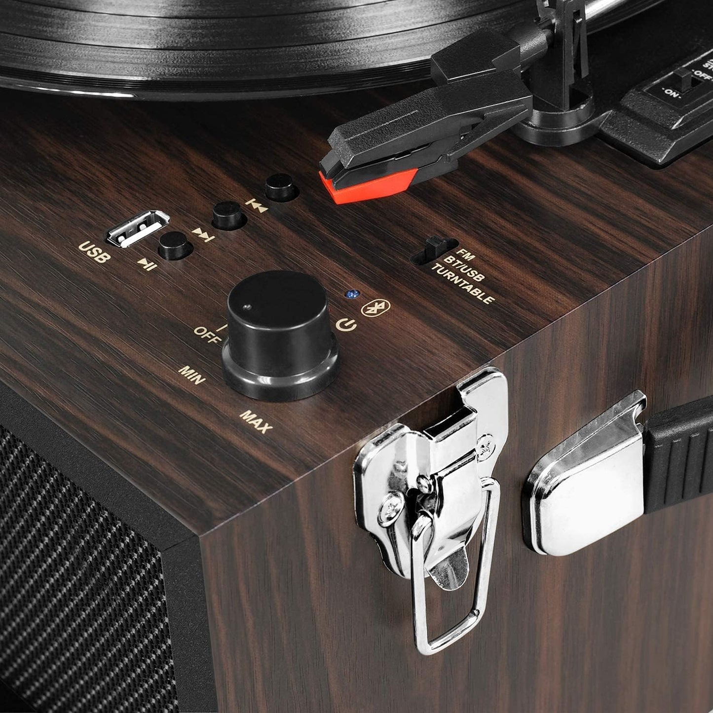 Liberty – Bluetooth Record Player – 5-In-1 Turntable with Vinyl Stream, FM Radio, USB Playback, Built-In Speakers, Use as Stand or Tabletop Player (Espresso)