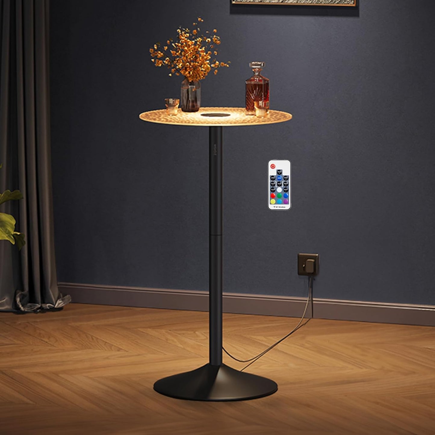round Bar Table, 41.3 Inches Tall Cocktail Pub Table with Multi-Colored Lights and Glass Top, Large Steel Base, for Kitchen, Bistro, Parties, Cloud White and Ink Black