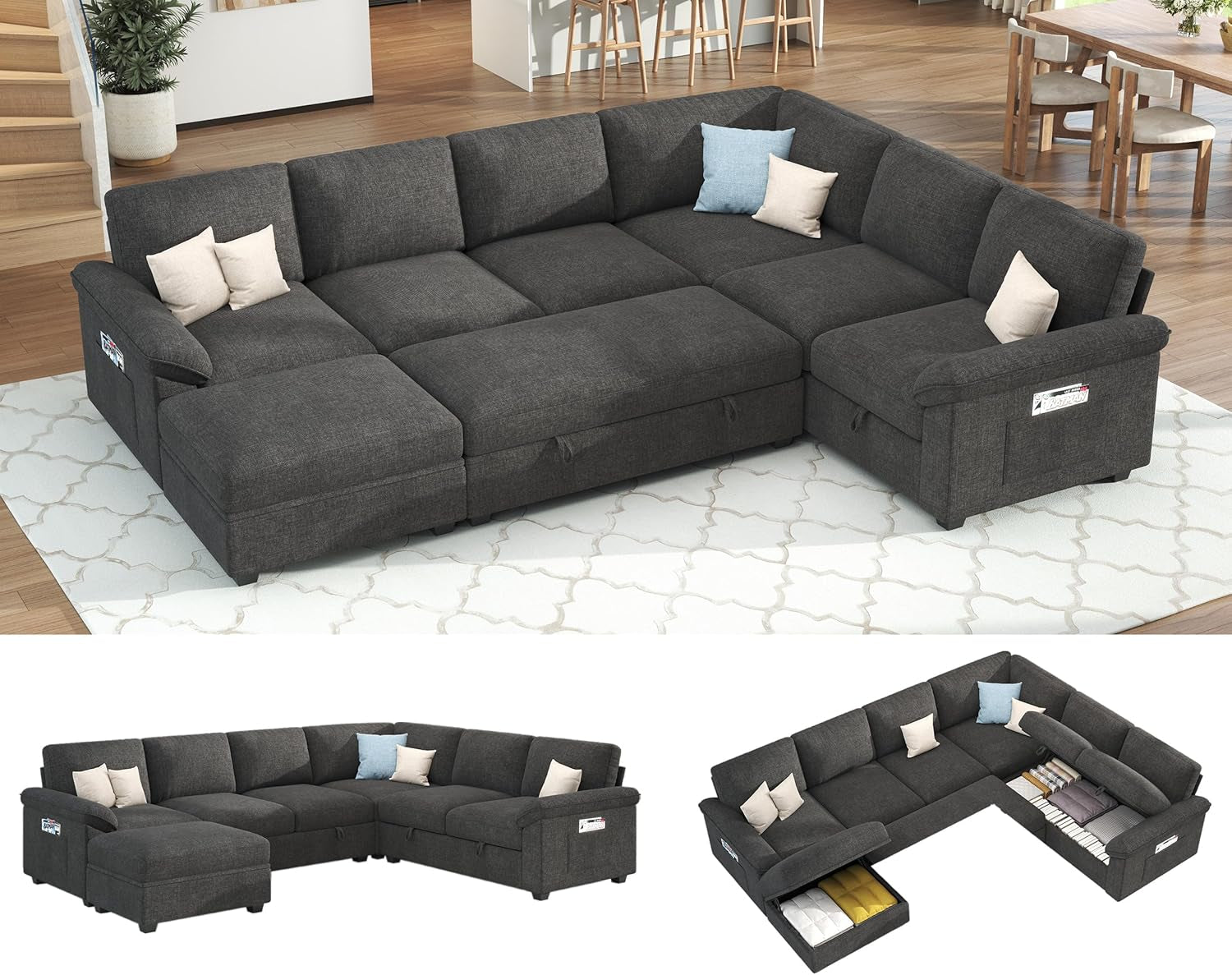 105" Sofa Bed, Sectional Sleeper Sofa with Pull Out Bed/Reclining Backrest, Sleeper Couch Bed with Storage, 6 Seater Couch Bed for Living Room, Chenille Dark Gray
