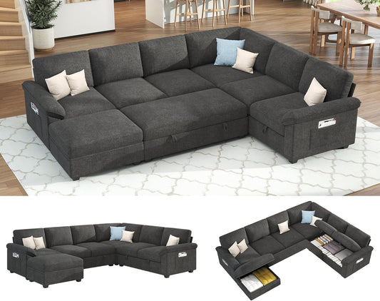 105" Sofa Bed, Sectional Sleeper Sofa with Pull Out Bed/Reclining Backrest, Sleeper Couch Bed with Storage, 6 Seater Couch Bed for Living Room, Chenille Dark Gray
