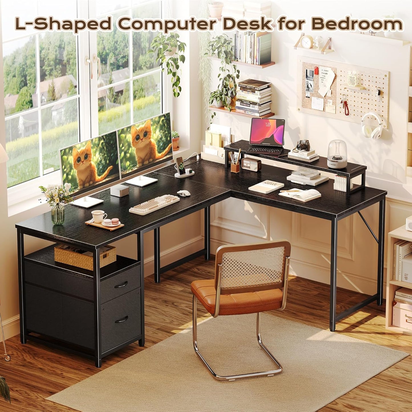 55 Inch L Shaped Desk with Power Outlets and USB-C Port, Computer Corner Home Office Desk with File Fabric Drawers and Movable Monitor Stand, Larger Storage for Gaming, Work, Black