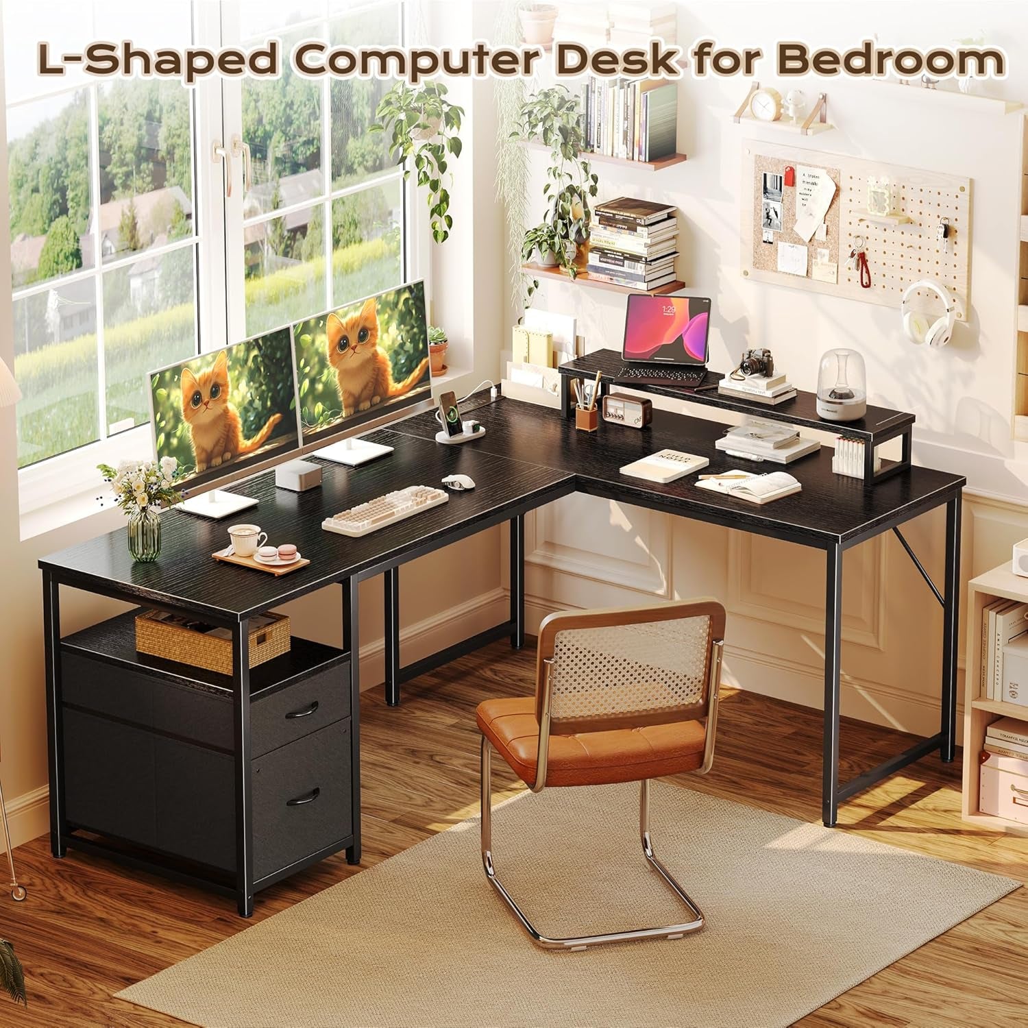 55 Inch L Shaped Desk with Power Outlets and USB-C Port, Computer Corner Home Office Desk with File Fabric Drawers and Movable Monitor Stand, Larger Storage for Gaming, Work, Black