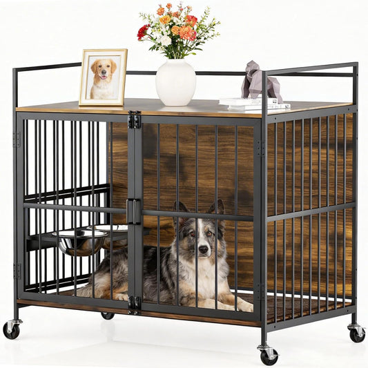 40'' Large Dog Crate Furniture, Heavy Duty Dog Kennel Furniture for Large and Medium Dogs, Indoor Wooden Dog Cage Furniture End Table with Wheels