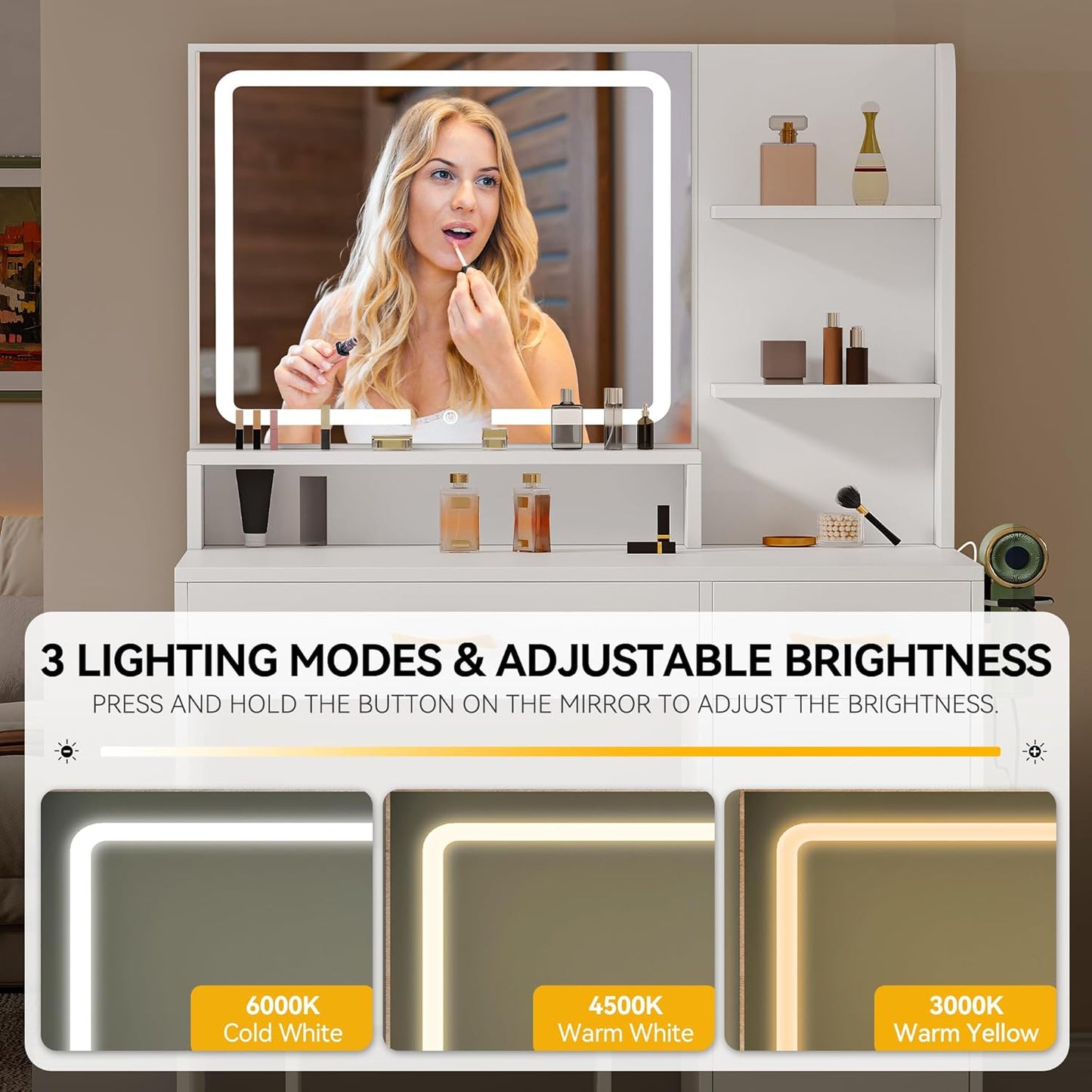 Vanity Desk, Makeup Vanity Table with LED Mirror, Power Outlets, Storage Drawers & Cabinet, Shelves, and Cushioned Stool, White Dressing Room Vanity Set