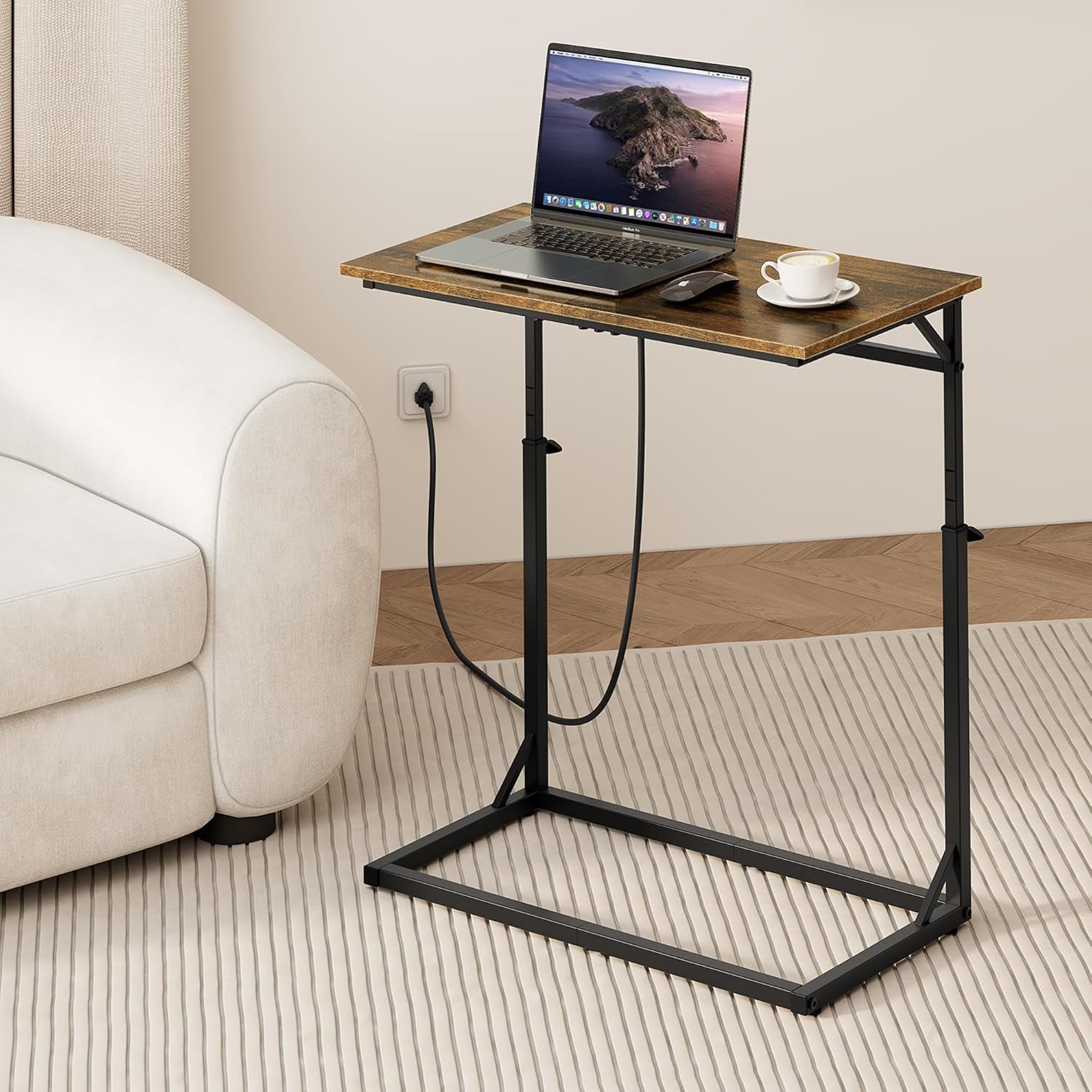C Shaped End Table with Charging Station, Large C-Table End Table Adjustable Height Side Table for Couch, Couch Table Slide under Sofa Table TV Tray Table for Sofa, Living Room, Bedroom,Brown