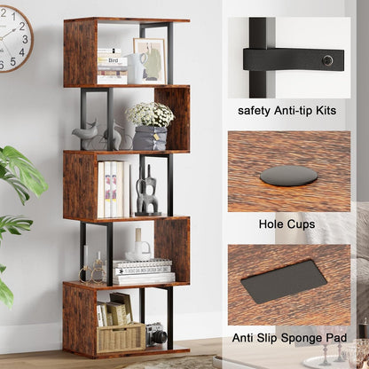 6 Tier Bookshelf, Tall S Shaped Geometric Bookcase, Modern Display Shelf Standing Unit, Wood Metal Decorative Divider Rack for Living Room Bedroom Office, Rustic Brown