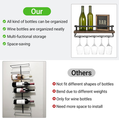 Wall Mounted Wine Rack Set of 2 Wood Rustic Wine Bottle Glass Floating Shelves with Stemware Hanger Modern Plants Photos Wine Display Storage Holder for Kitchen Dining Room Bar, 17 Inch