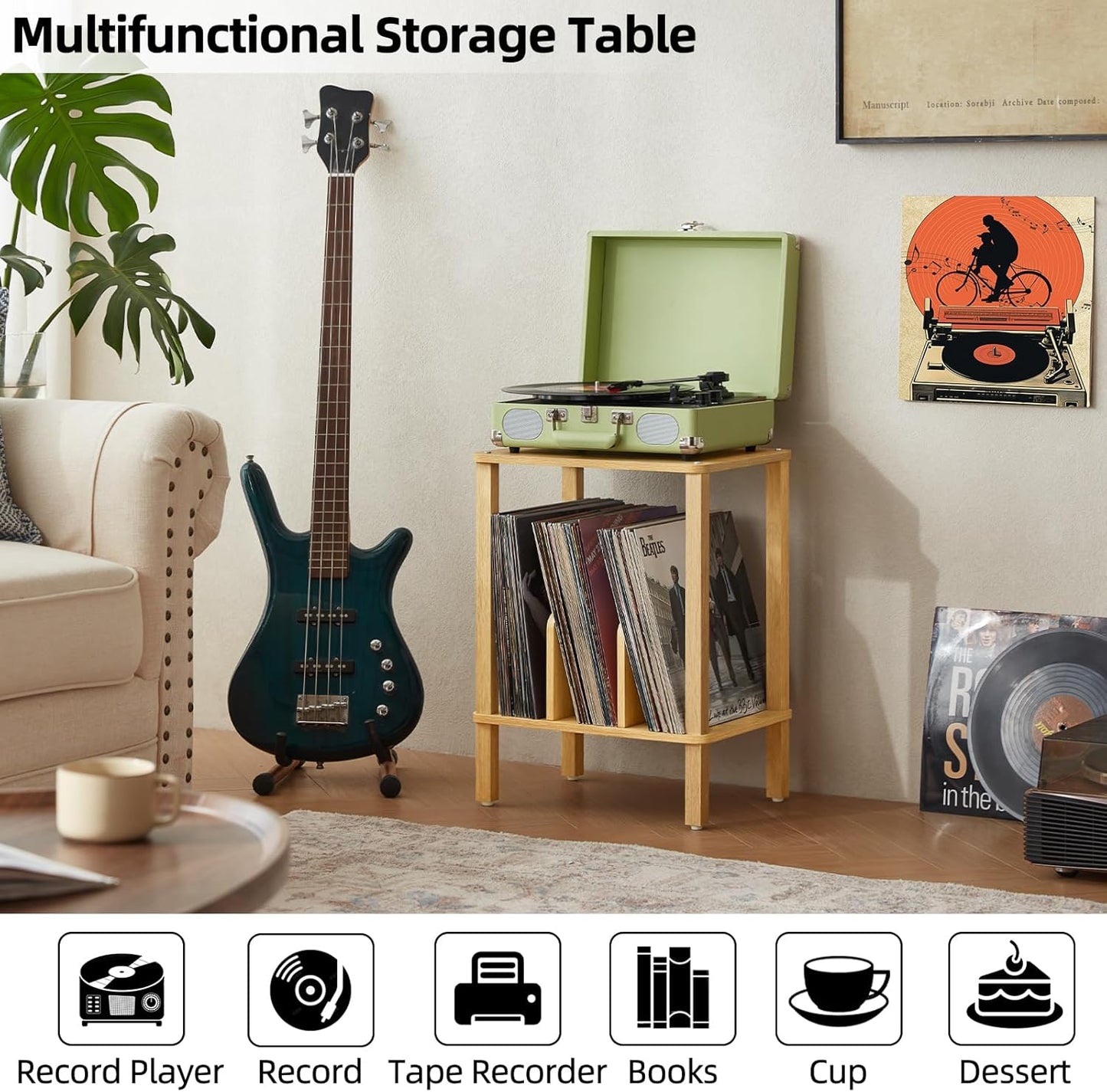 2-Tier Bamboo Record Player Stand with Vinyl Record Storage up to 100 Albums, Boho Bedroom Record Holder and Multi-Functional End Table for Living Room, Natural