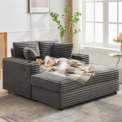 60-Inch Oversized Chaise Lounge Chair Indoor, Comfy Corduroy Lounge Sofa with Charging Station, Cup Holders & Throw Pillows, Cozy Sleeper Couch for Living Room Apartments, Grey