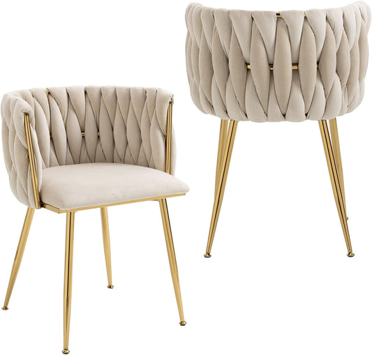 Modern Velvet Dining Chairs Hand Weaving Accent Chairs Living Room Chairs Upholstered Side Chair with Golden Metal Legs for Dining Room Kitchen Vanity Living Room (Ivory)