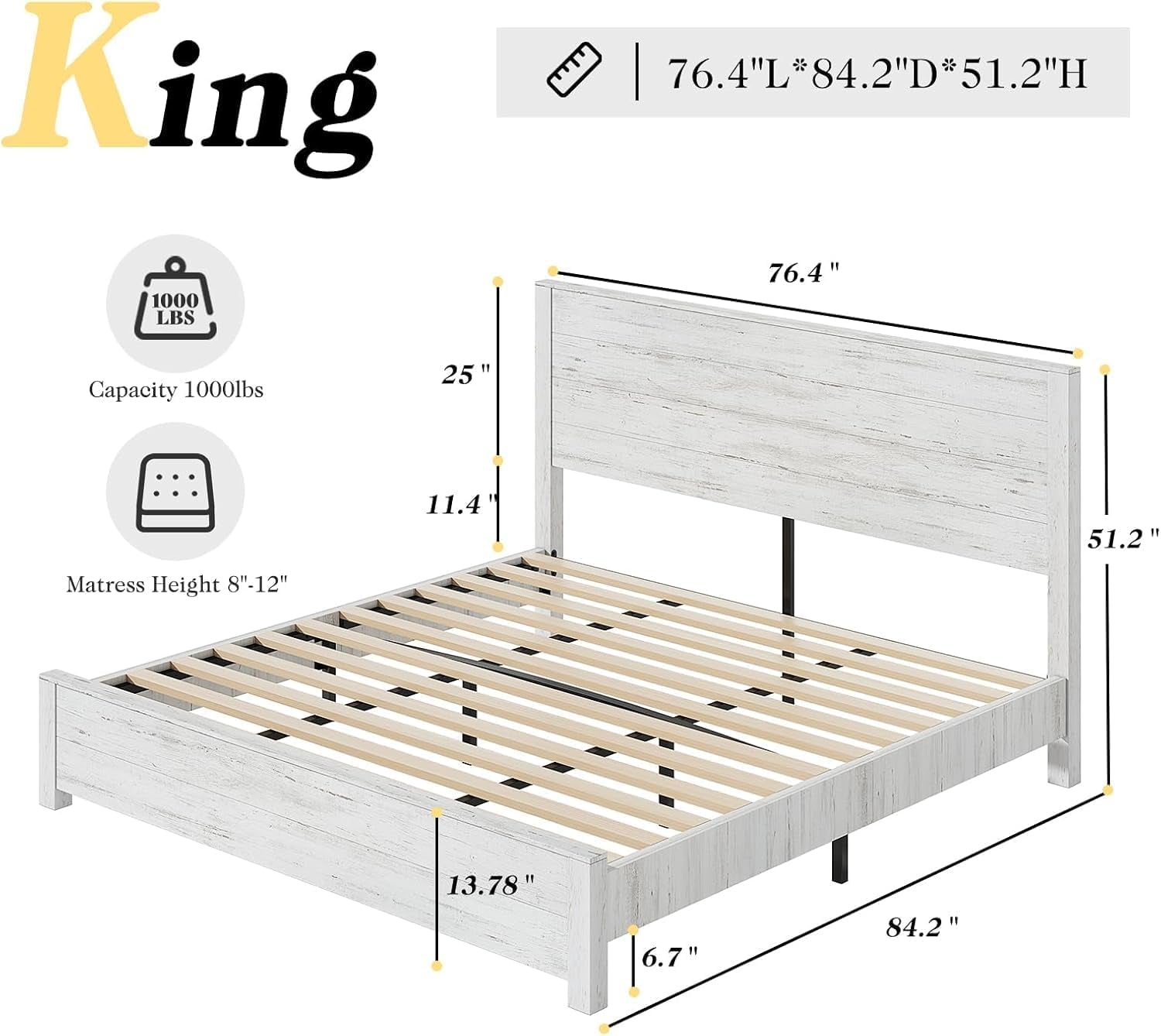 51.2" H Wood Bed Frame with Headboard, King Platform Bed Frame with Wooden Slat Support, No Box Spring Needed/Easy Assembly, Rustic Pine, Distressed White