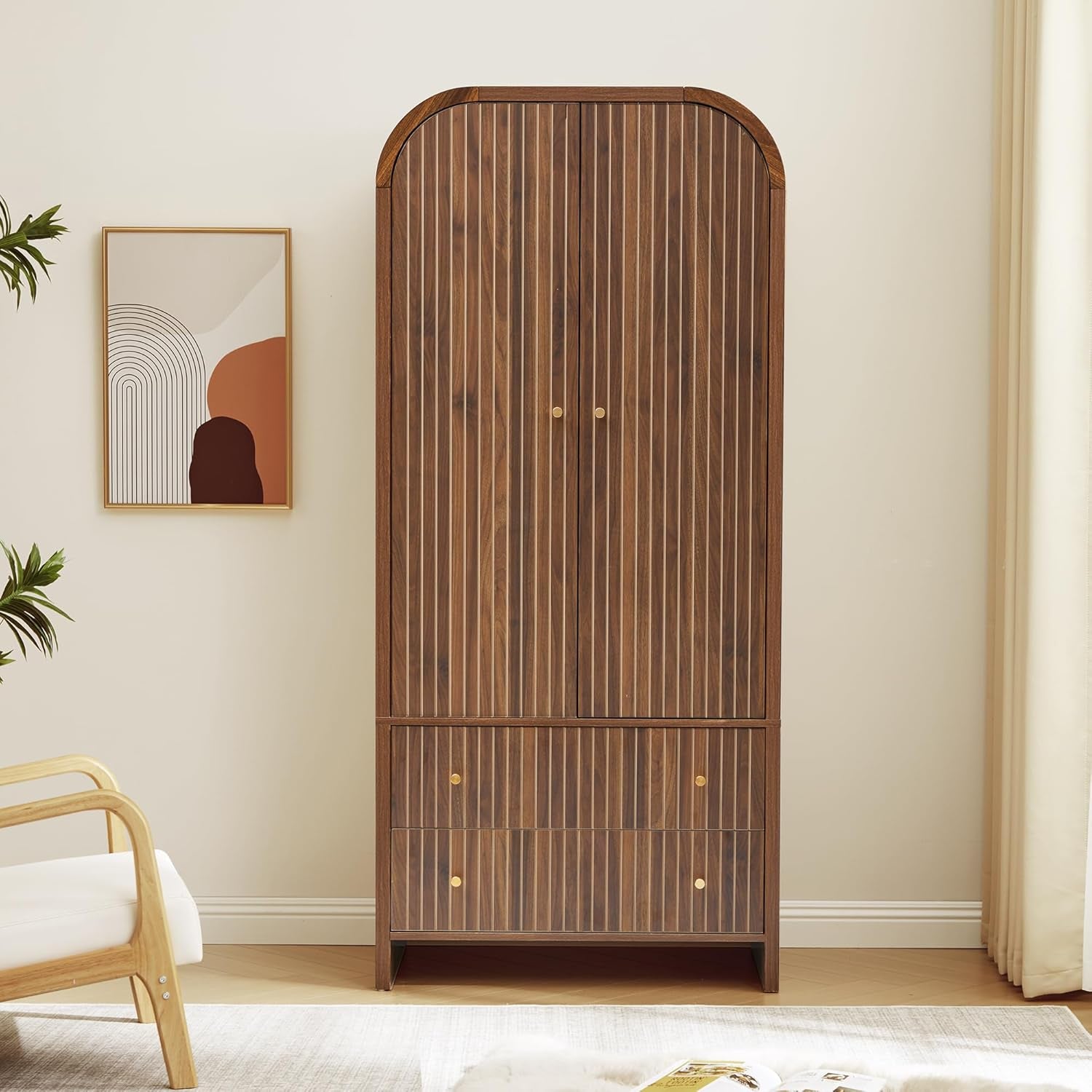 Arched Armoire Wardrobe Closet, Mid-Century Modern 2-Door Freestanding Wardrobe with Hanging Rod and 2 Drawers, Fluted Carved Clothing Storage Cabinet for Bedroom (Walnut)