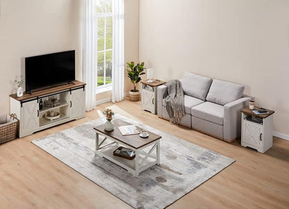 4-Piece Farmhouse Table Set Includes Sliding Barn Door TV Stand, Coffee Table& Two End Tables, Side Table with Charging Station and USB Ports, for Living Room, Distressed White, 66"