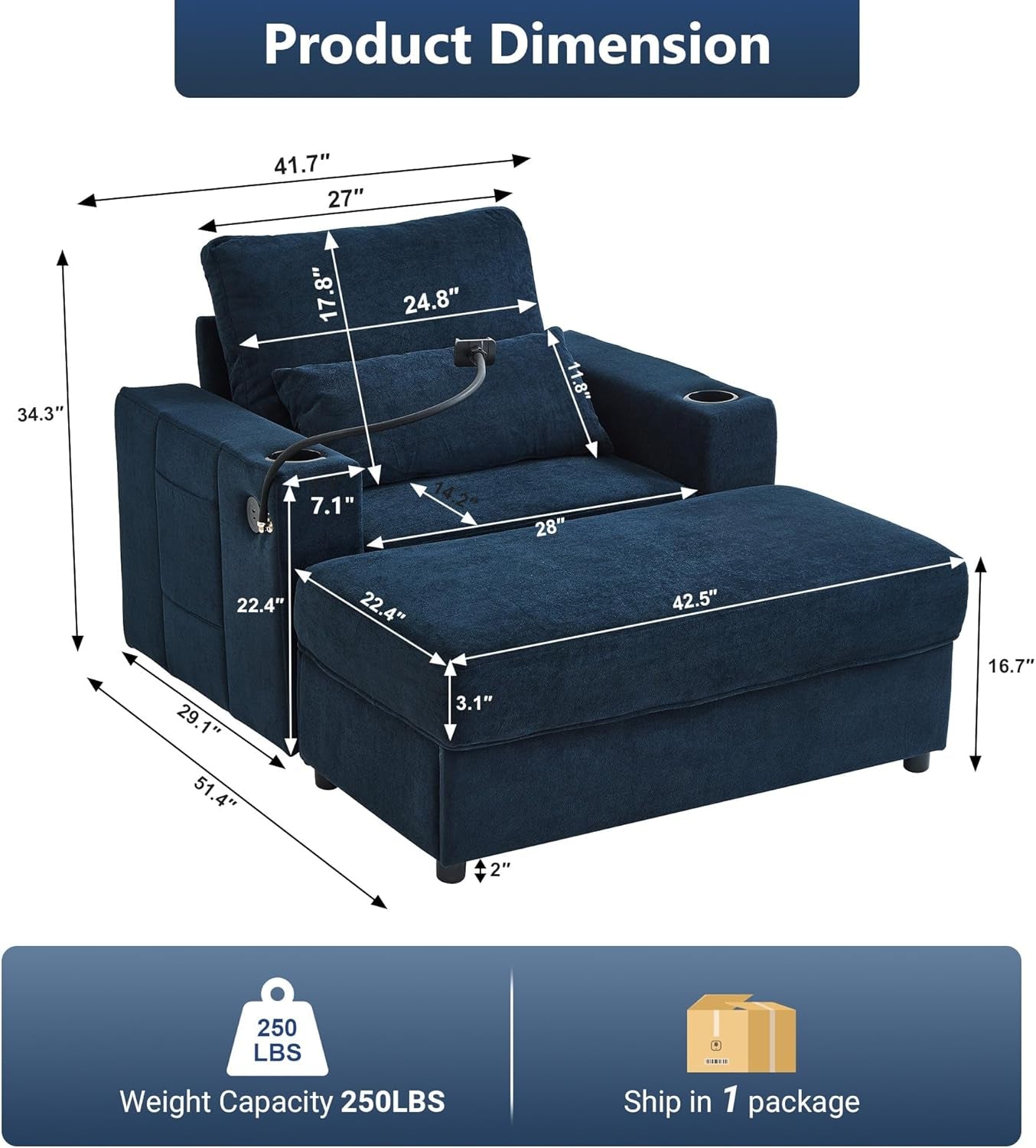42.5" Chaise Lounge Indoor with a Movable Storage Ottoman, Modern Style Sofa Couch with Dual USB Ports & Cup Holders, a Phone Holder and Side Pockets for Living Room, Blue