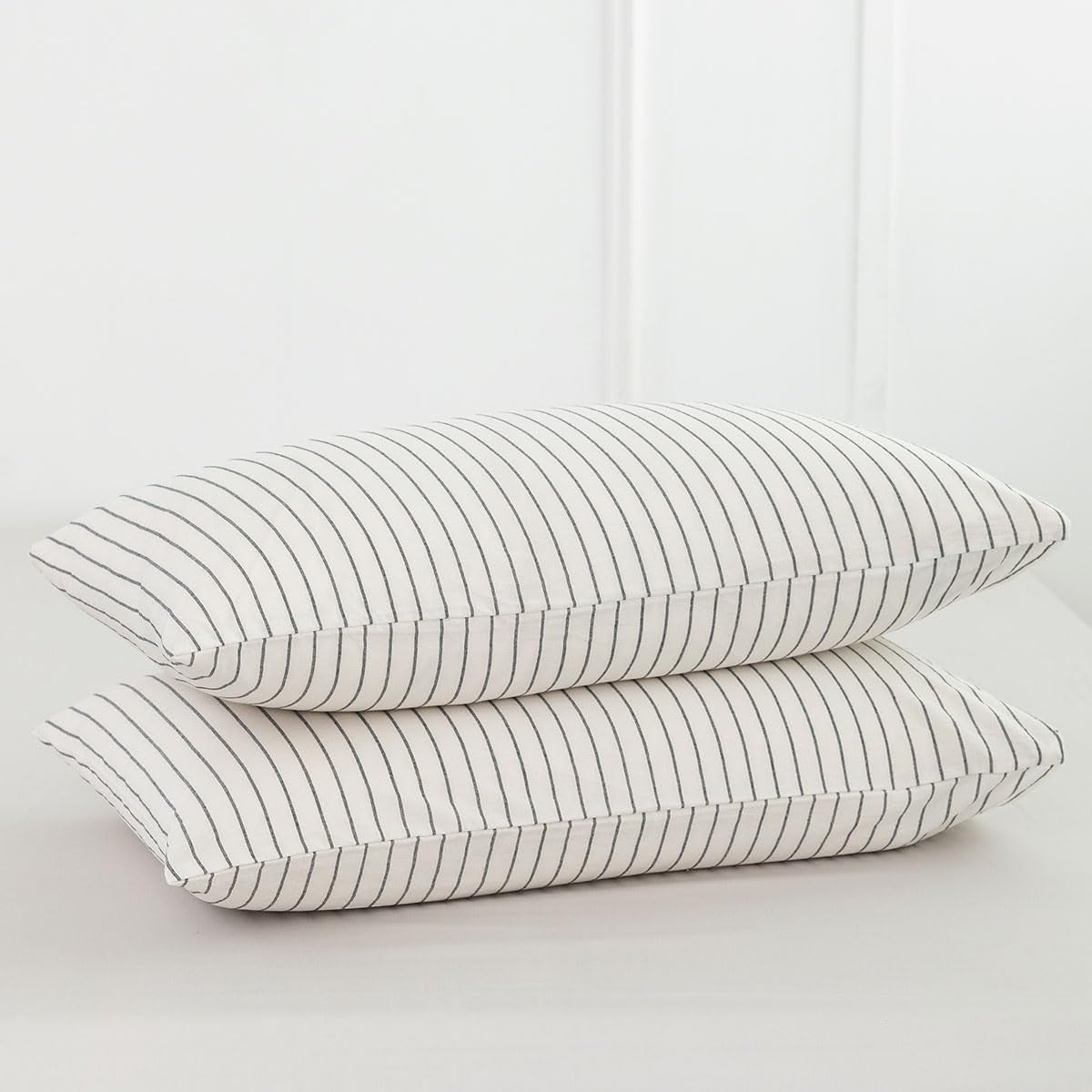 Bedding Pillowcases Striped Pack of 2 100% Washed Cotton Linen like Textured Breathable Durable Soft Comfy (White Dark Grey Wide Stripes, King)
