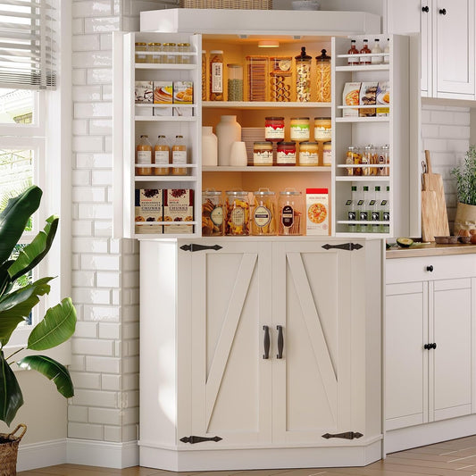 Corner Cabinet,71'' Kitchen Pantry Storage Cabinet with 4 Doors and Shelves, Tall Food Pantry Storage Cabinet Farmhouse Furniture for Kitchen Dining Room, White