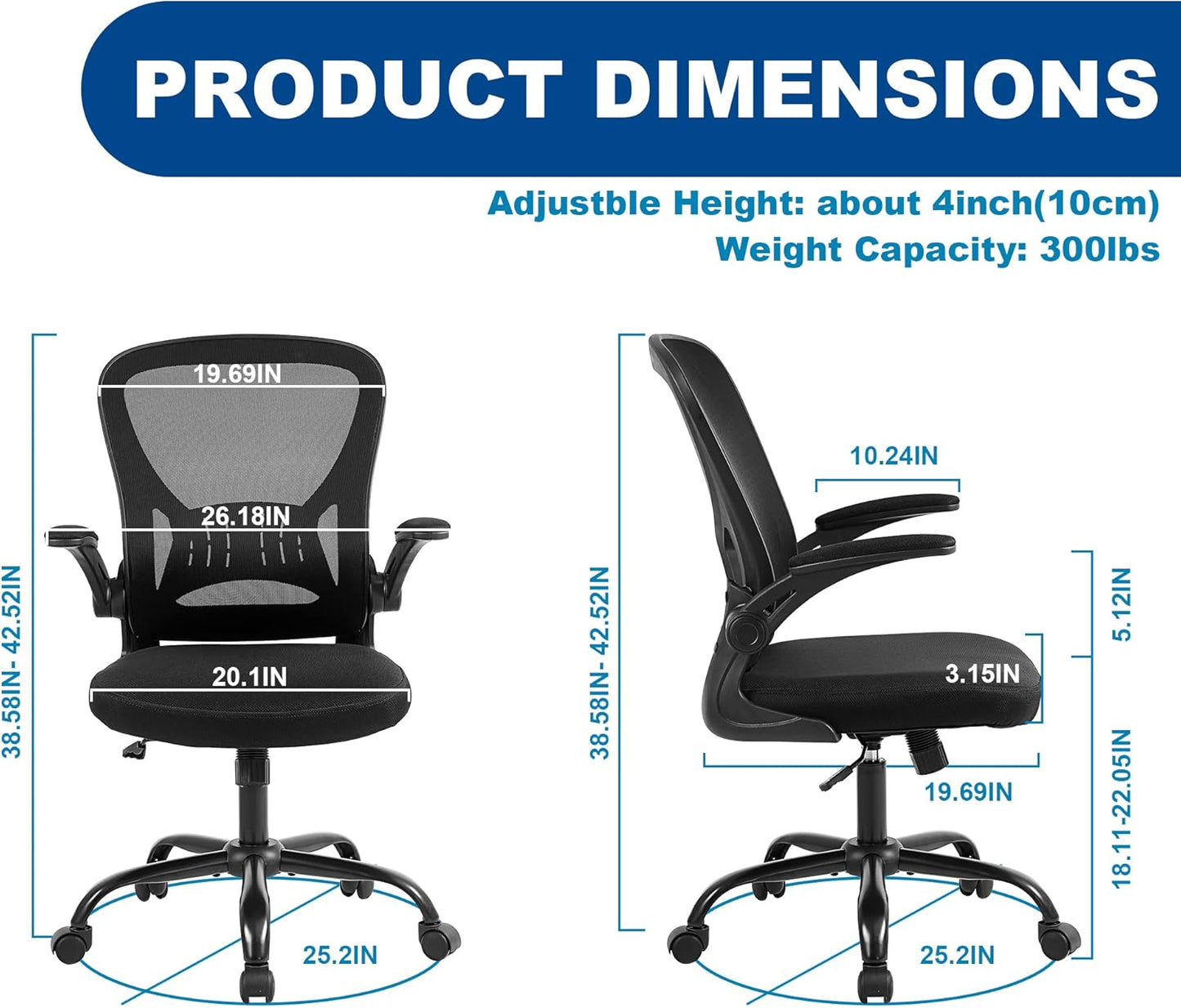 Mesh Office Chair, Ergonomic Home Office Desk Chairs with Flip-Up Arms and Lumbar Support, Height Adjustable, Black