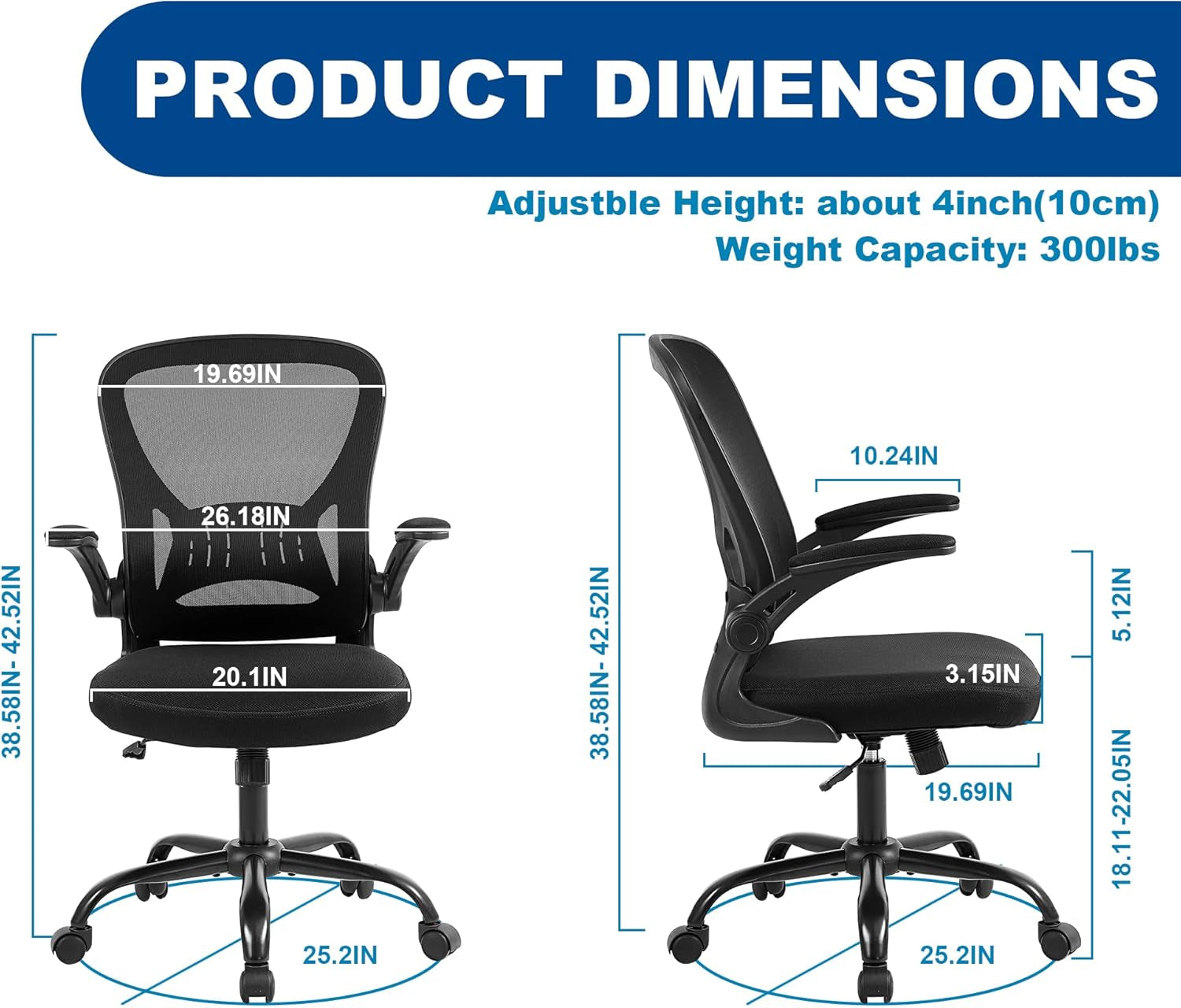 Mesh Office Chair, Ergonomic Home Office Desk Chairs with Flip-Up Arms and Lumbar Support, Height Adjustable, Black
