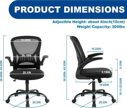 Mesh Office Chair, Ergonomic Home Office Desk Chairs with Flip-Up Arms and Lumbar Support, Height Adjustable, Black