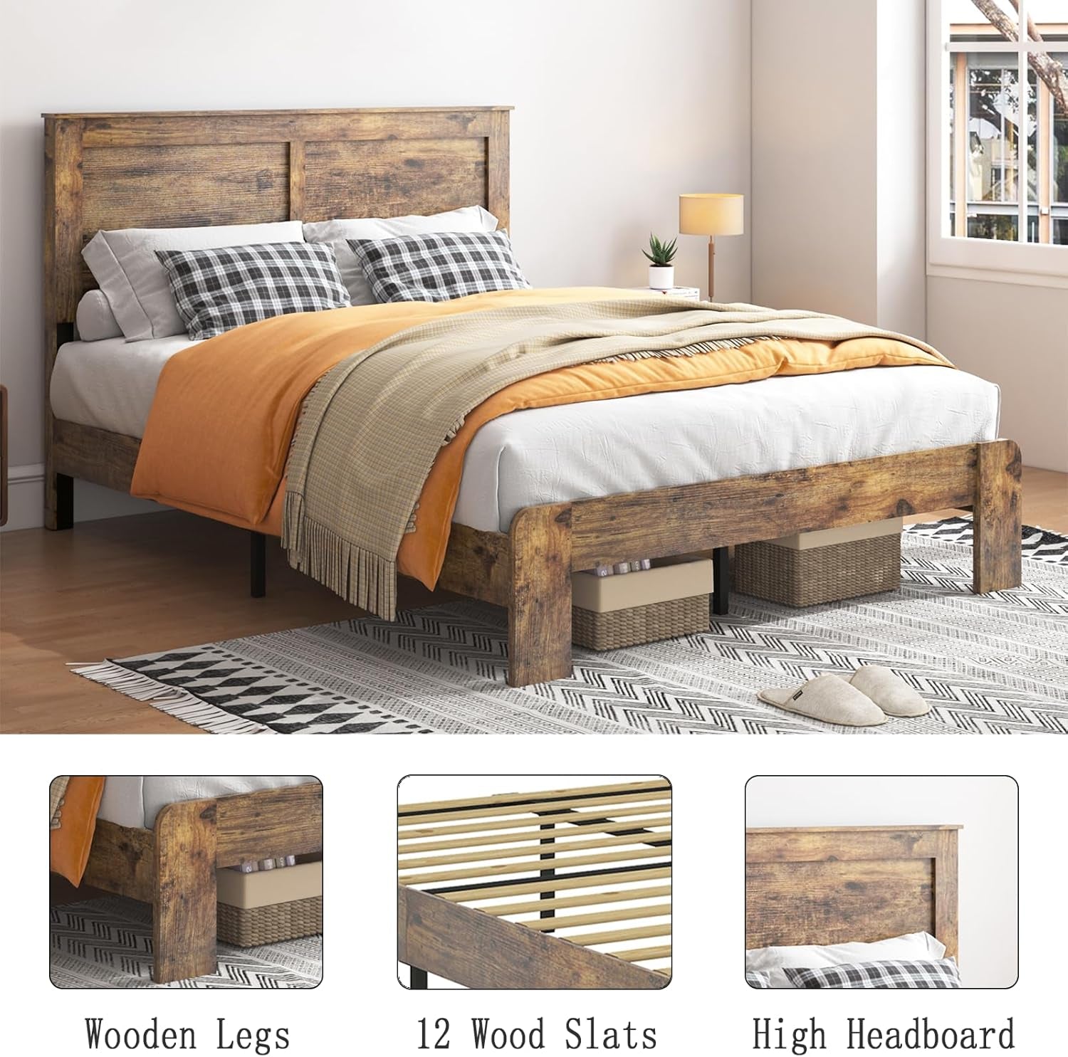 Wood Queen Bed Frame with Headboard, Rustic Farmhouse Platform Bed Frame with 12 Wood Slats Support, No Box Spring Needed, Easy Assembly (Vintage Brown, Queen)